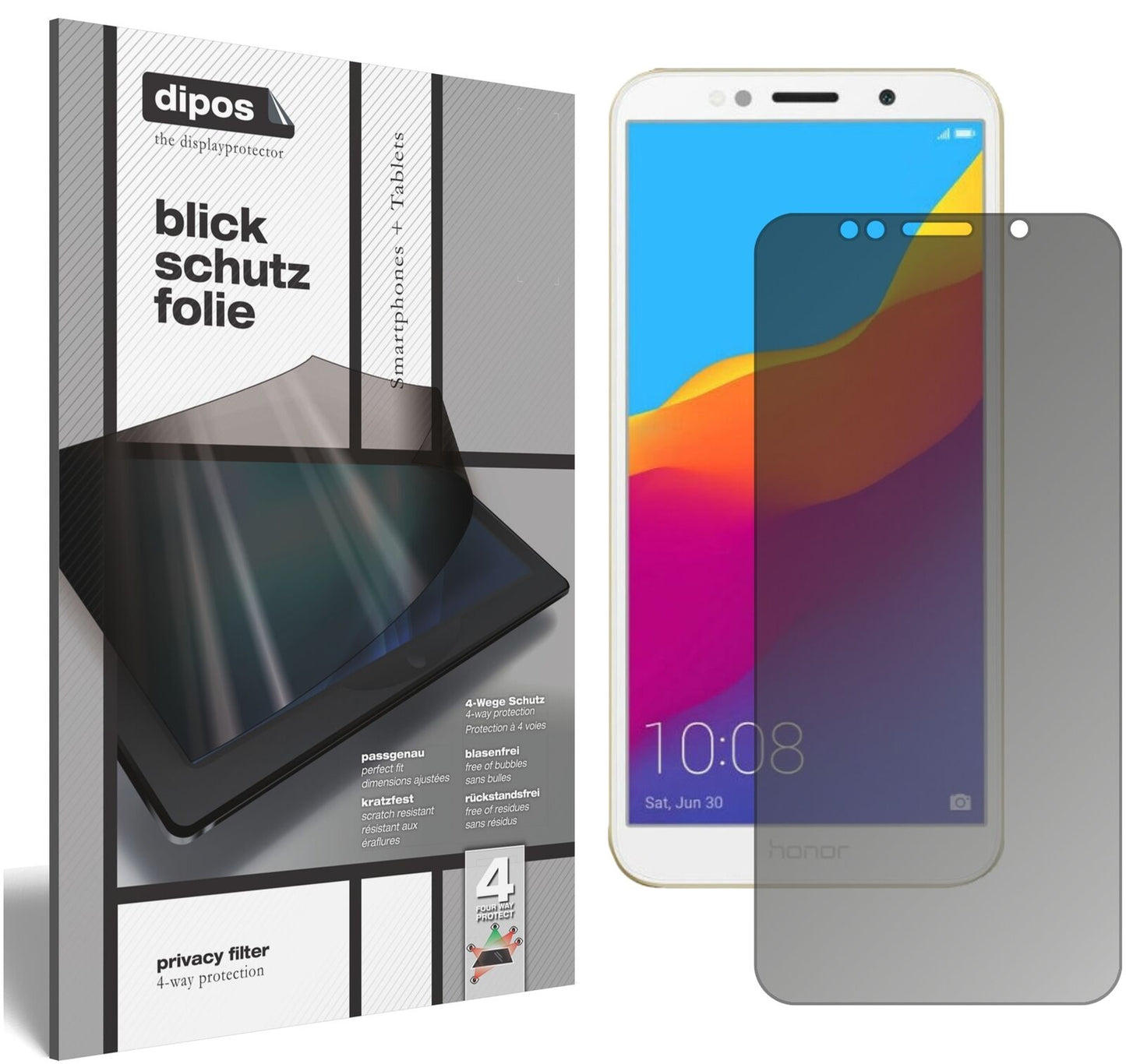 Honor7A mit aufgebrachtem dipos Displayschutz, der seitliche Einblicke blockiert