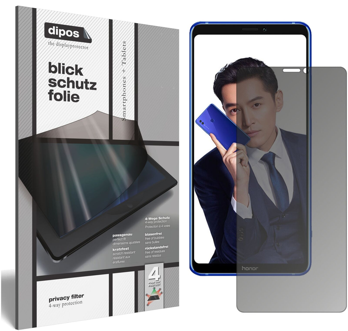 HonorNote 10 mit aufgebrachtem dipos Displayschutz, der seitliche Einblicke blockiert