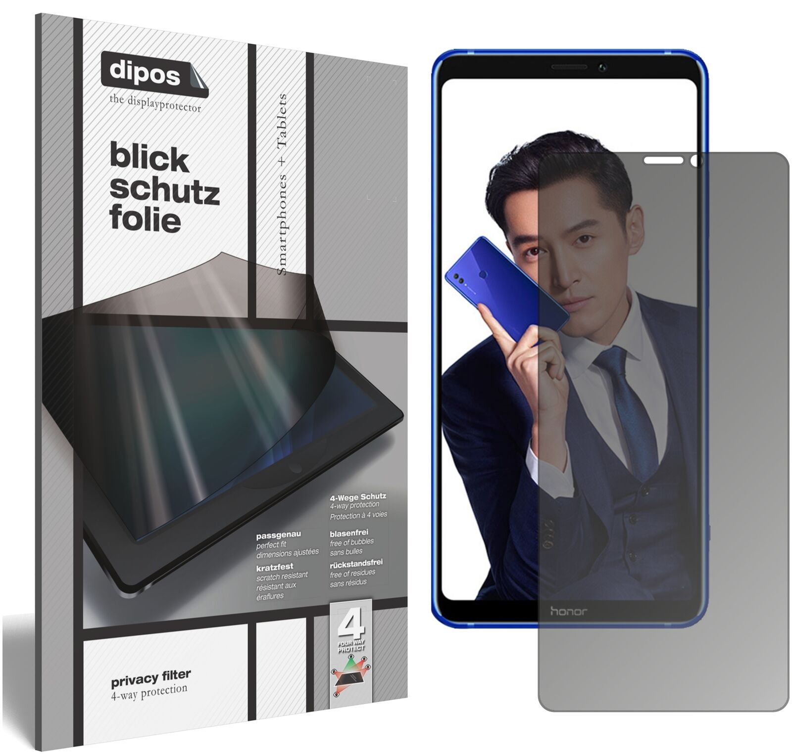 HonorNote 10 mit aufgebrachtem dipos Displayschutz, der seitliche Einblicke blockiert
