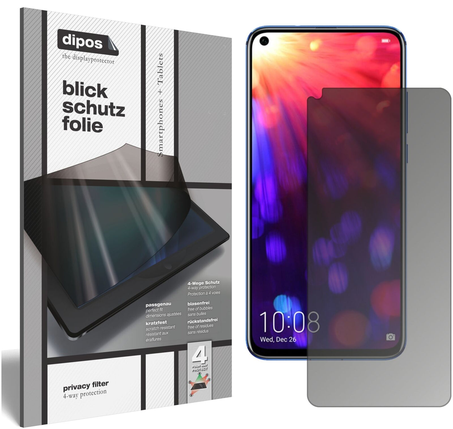HonorView 20 mit aufgebrachtem dipos Displayschutz, der seitliche Einblicke blockiert