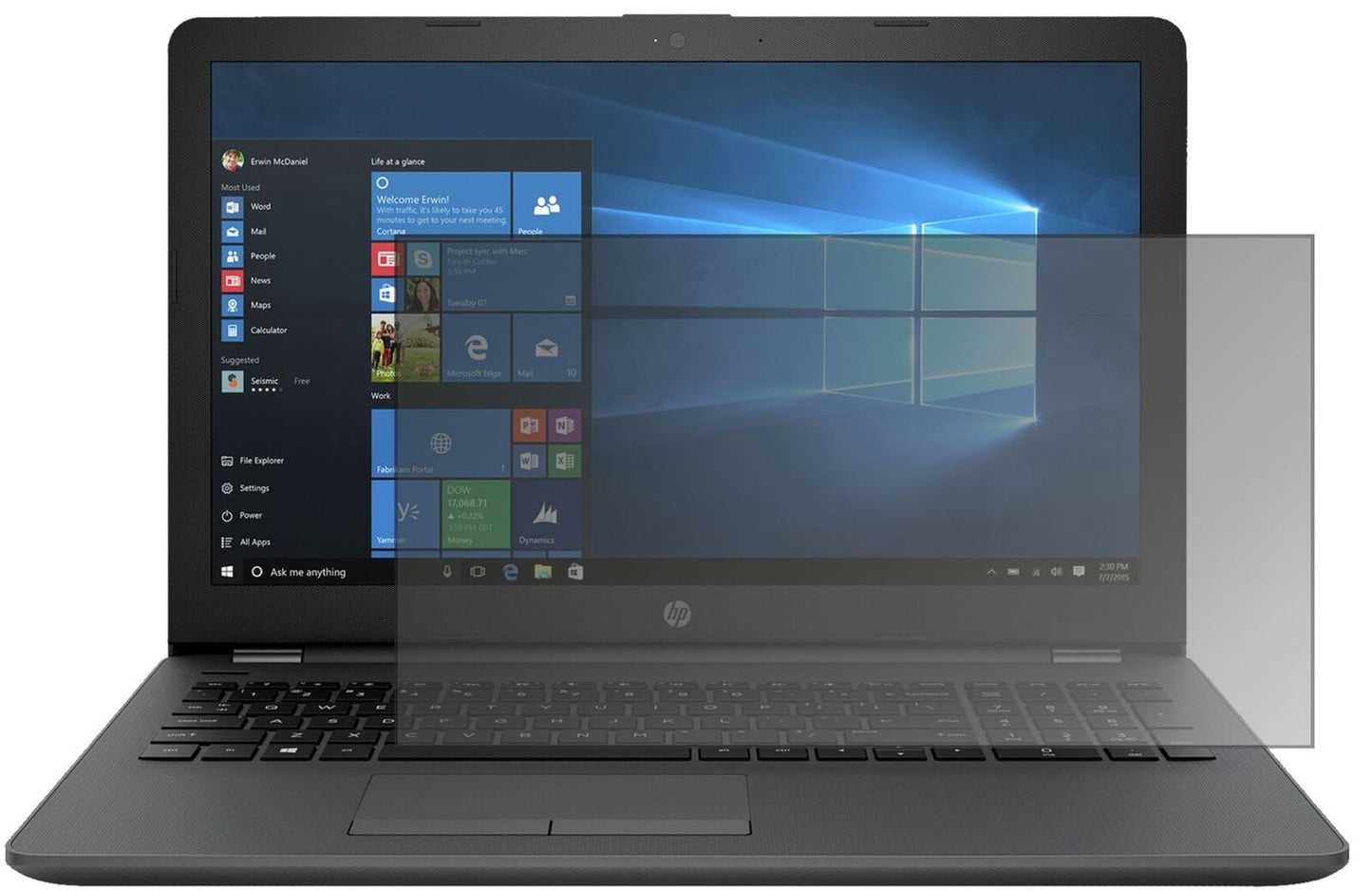 HP250 G6 15.6 Zoll mit aufgebrachtem dipos Displayschutz, der seitliche Einblicke blockiert
