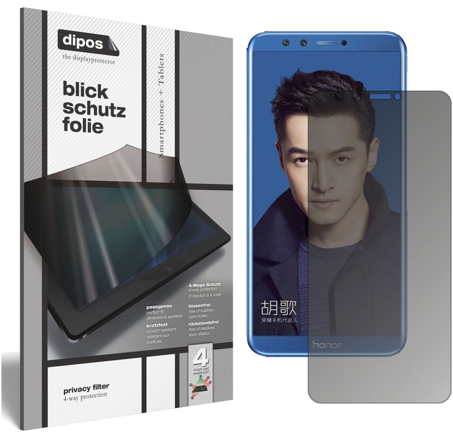 HuaweiHonor 9 Lite mit aufgebrachtem dipos Displayschutz, der seitliche Einblicke blockiert