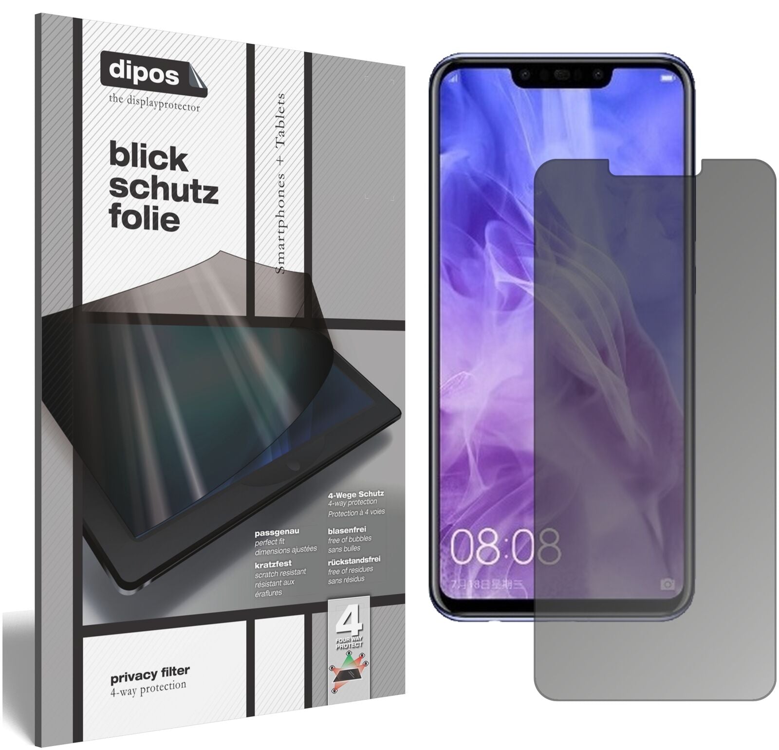 HuaweiNova 3 mit aufgebrachtem dipos Displayschutz, der seitliche Einblicke blockiert