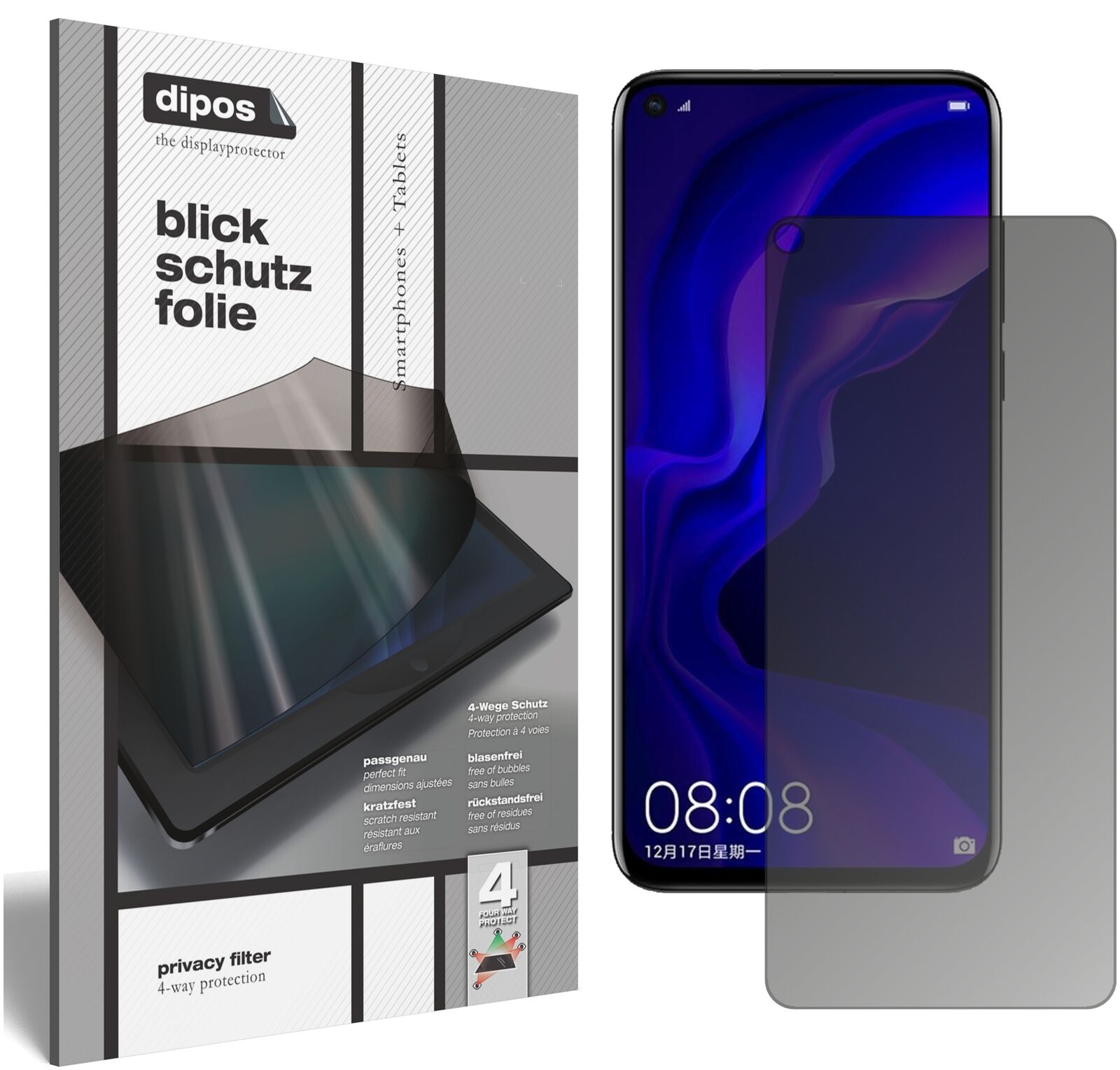 HuaweiNova 4 mit aufgebrachtem dipos Displayschutz, der seitliche Einblicke blockiert