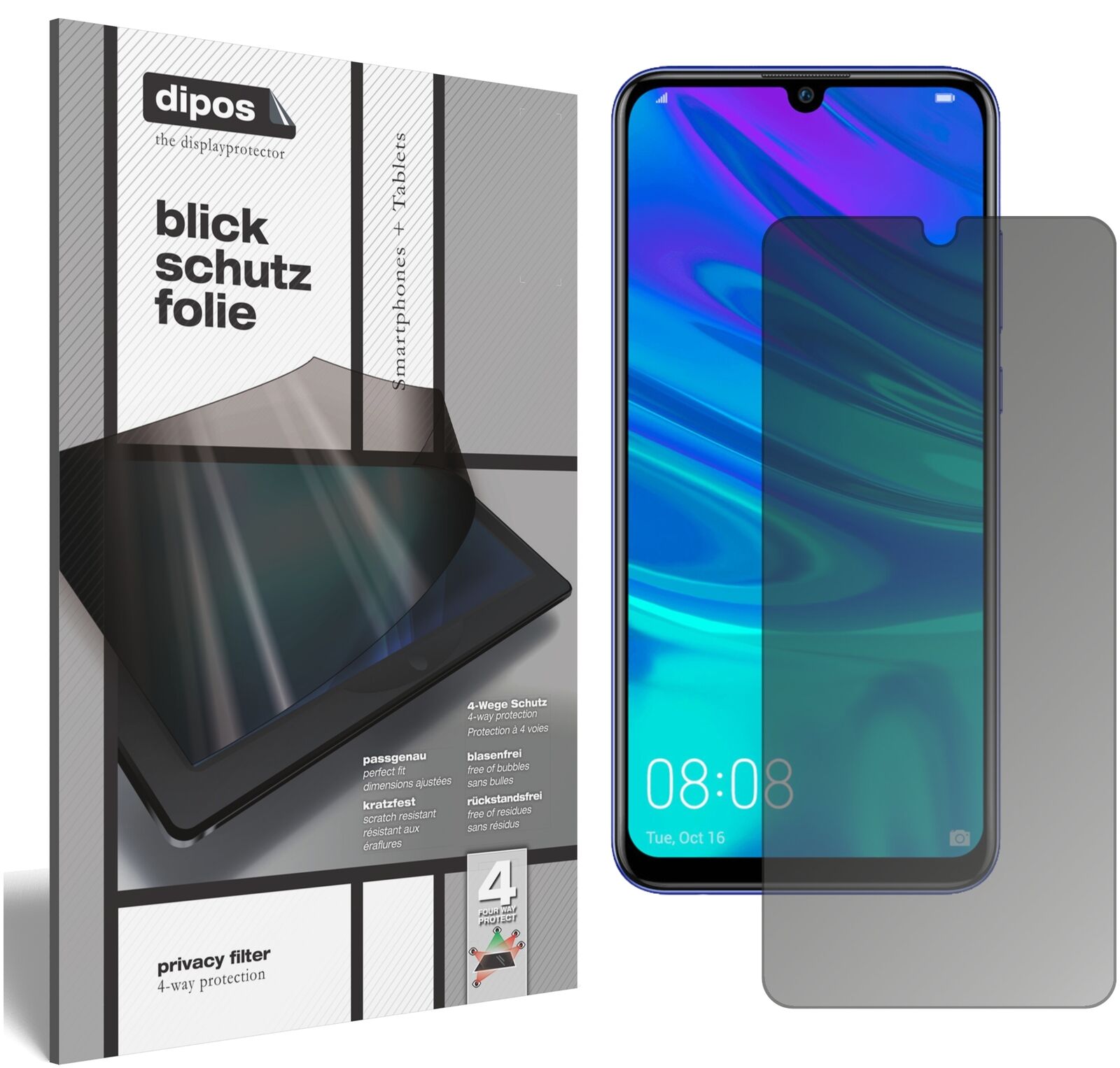 HuaweiP Smart Plus (2019) mit aufgebrachtem dipos Displayschutz, der seitliche Einblicke blockiert