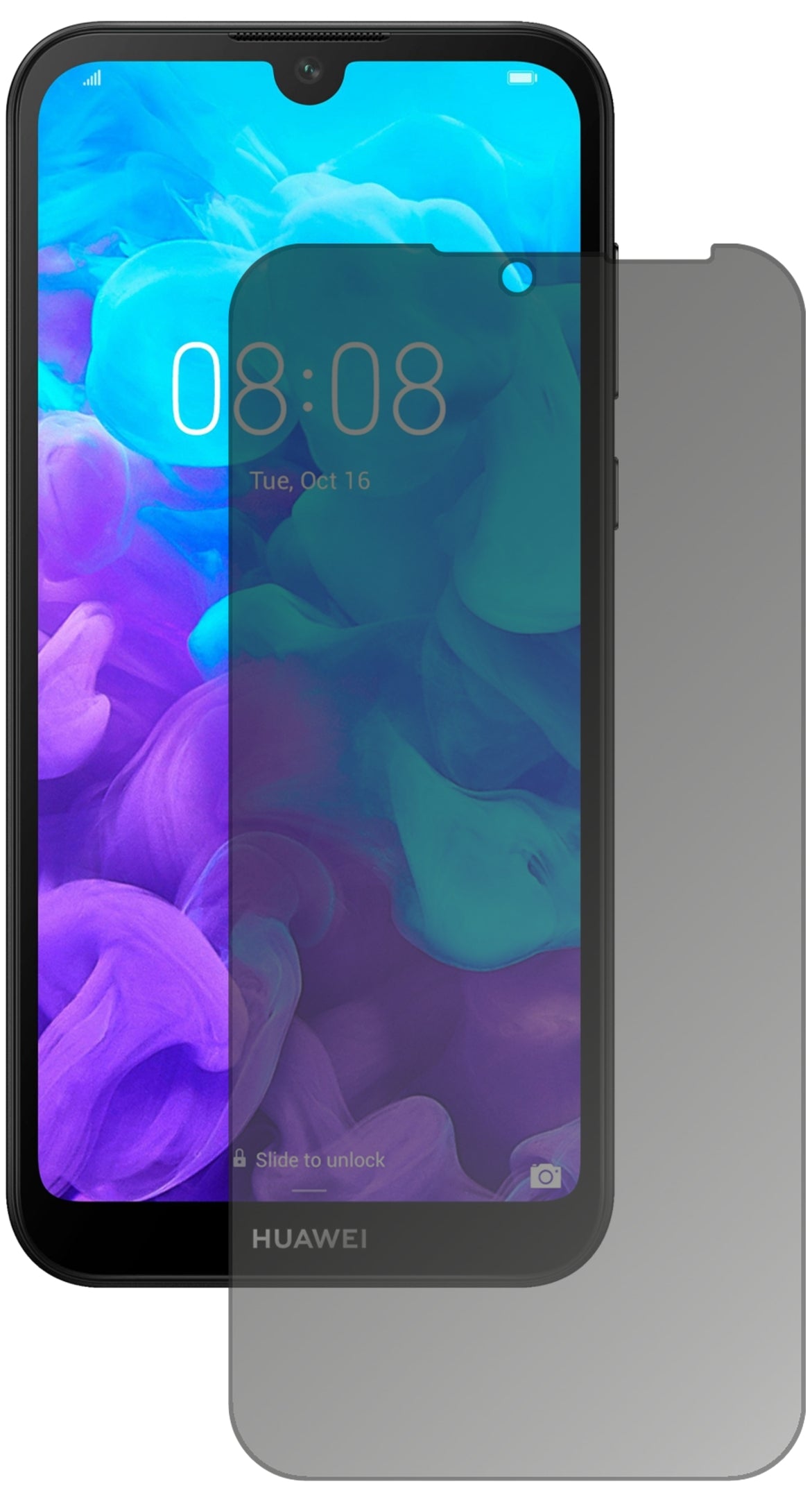 HuaweiY5 (2019) mit aufgebrachtem dipos Displayschutz, der seitliche Einblicke blockiert