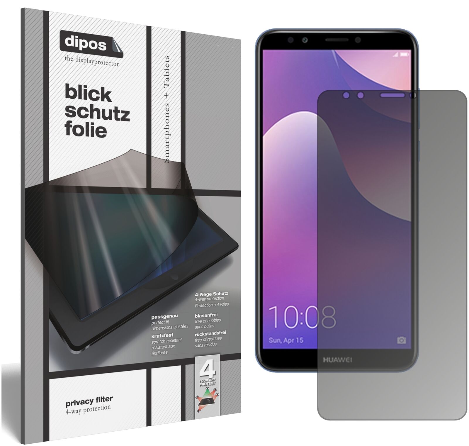 HuaweiY7 Prime (2018) mit aufgebrachtem dipos Displayschutz, der seitliche Einblicke blockiert