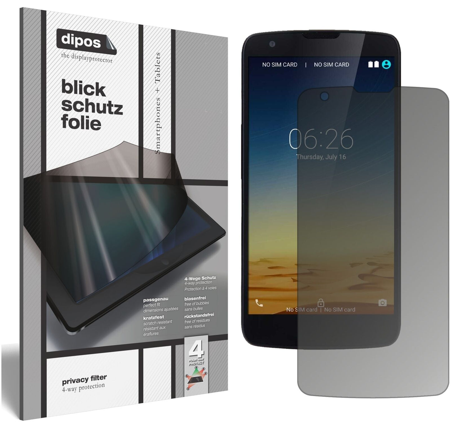 InnosD6000 mit aufgebrachtem dipos Displayschutz, der seitliche Einblicke blockiert