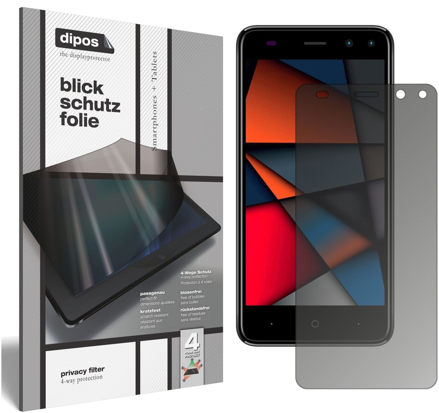 IntexIndie 6 mit aufgebrachtem dipos Displayschutz, der seitliche Einblicke blockiert
