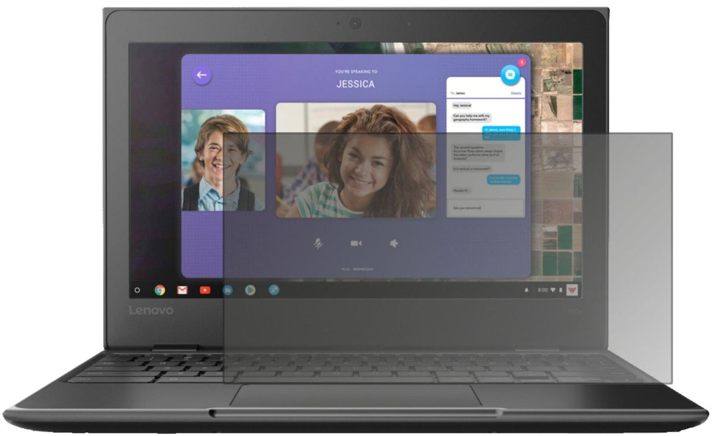 Lenovo100e Chromebook mit aufgebrachtem dipos Displayschutz, der seitliche Einblicke blockiert