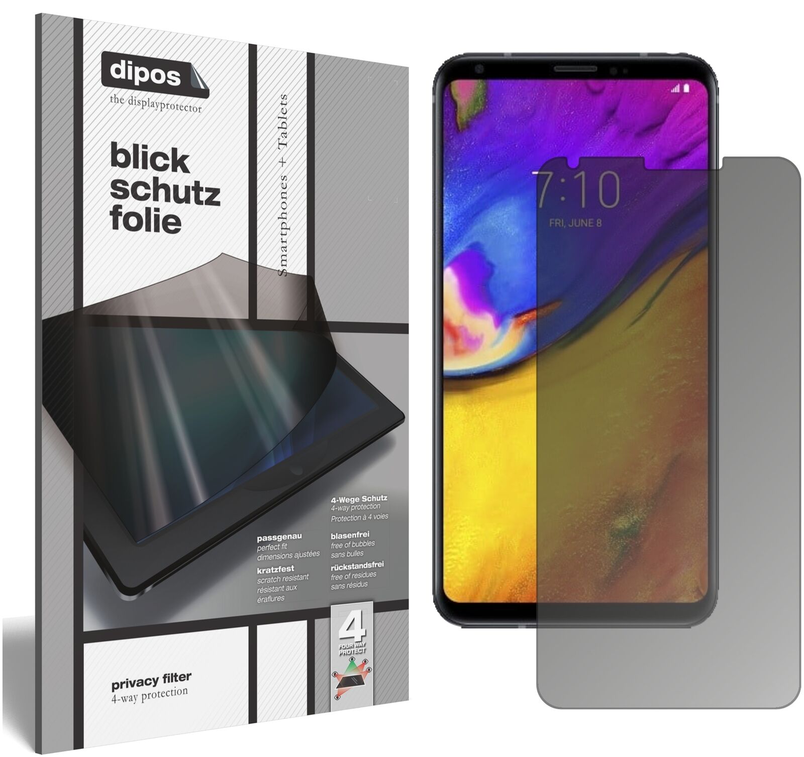 LGV35 ThinQ mit aufgebrachtem dipos Displayschutz, der seitliche Einblicke blockiert