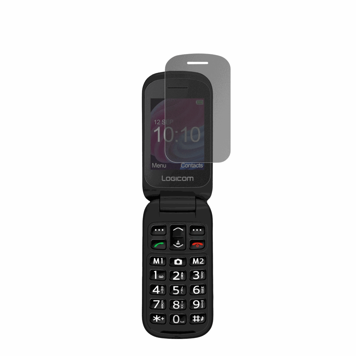 LogicomFleep XL mit aufgebrachtem dipos Displayschutz, der seitliche Einblicke blockiert