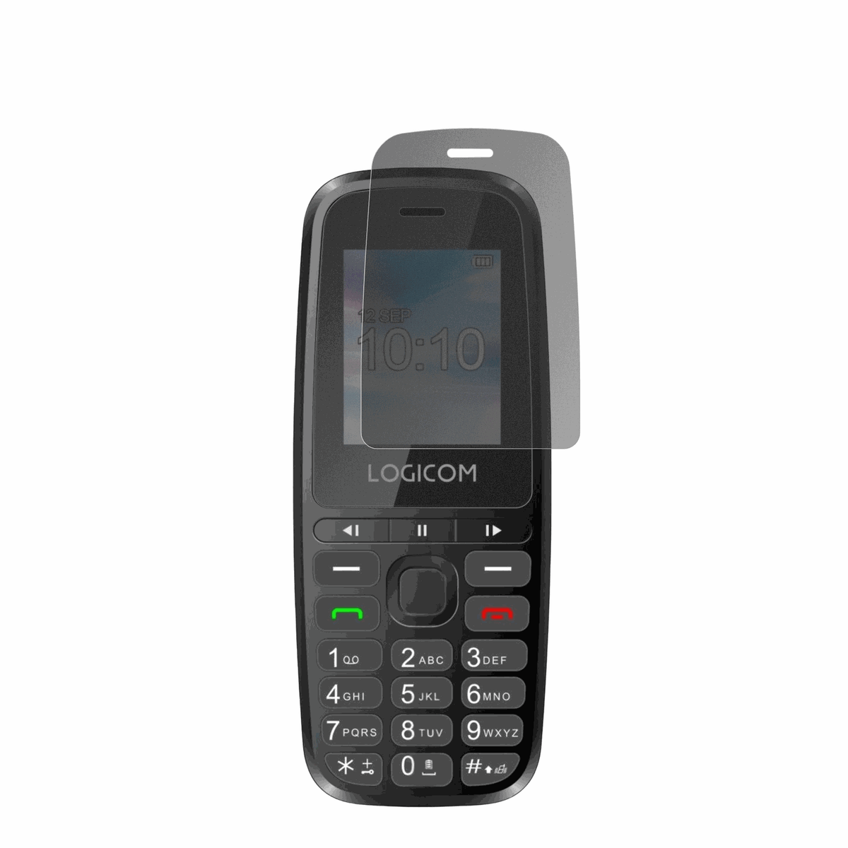 LogicomP197e mit aufgebrachtem dipos Displayschutz, der seitliche Einblicke blockiert