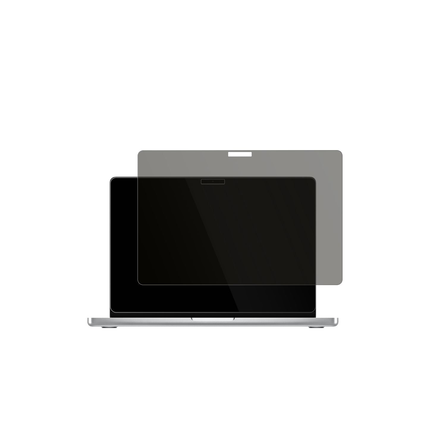 MacBookPro M4 14 Zoll 2024 mit aufgebrachtem dipos Displayschutz, der seitliche Einblicke blockiert