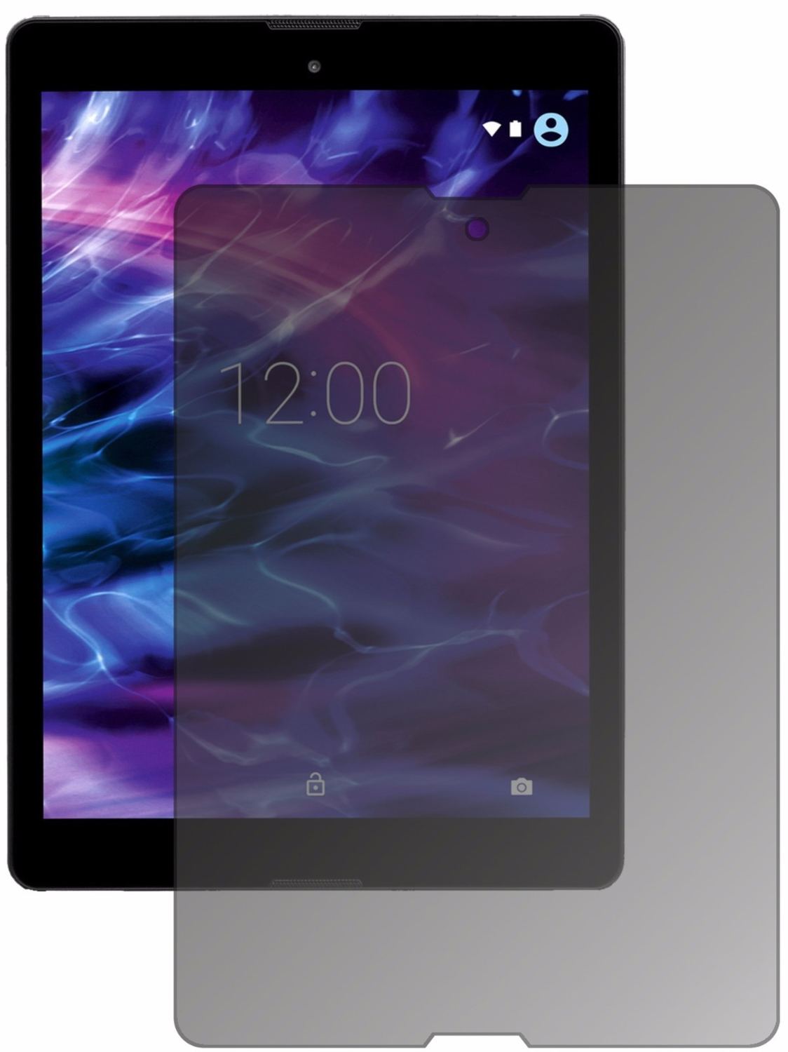 MedionLifetab P9702 mit aufgebrachtem dipos Displayschutz, der seitliche Einblicke blockiert