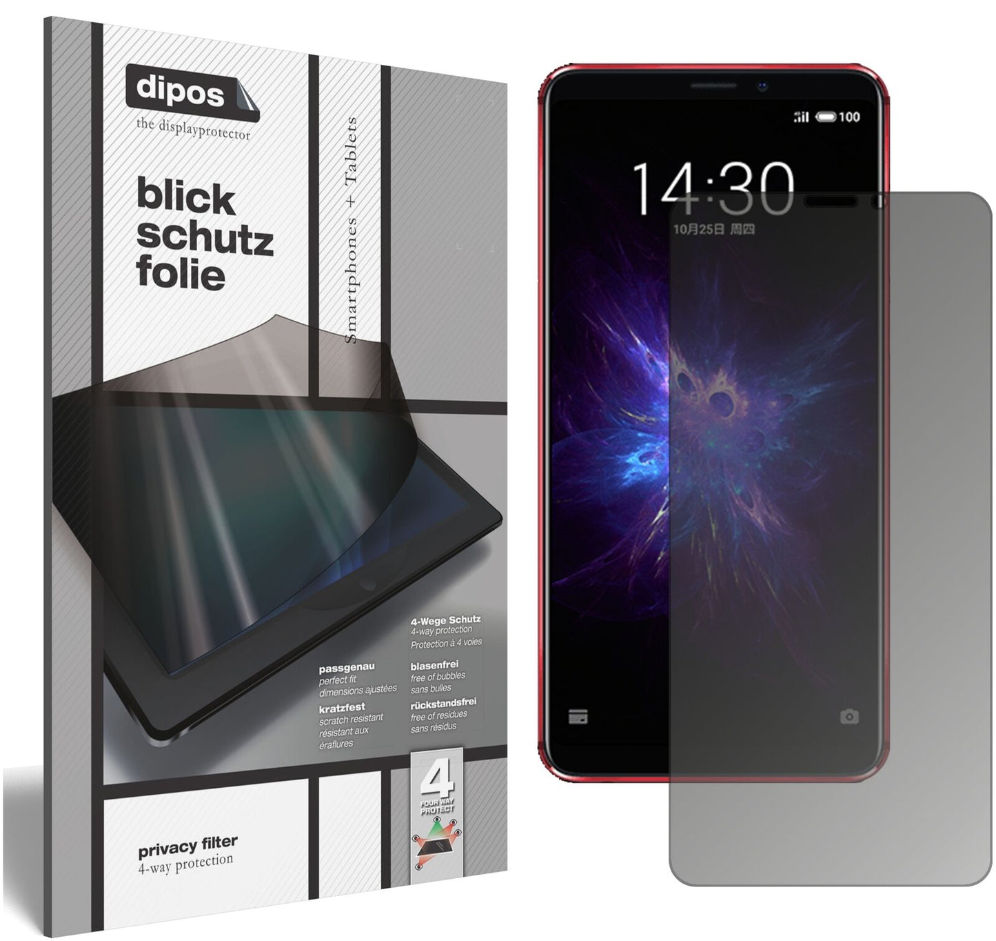 MeizuNote 8 mit aufgebrachtem dipos Displayschutz, der seitliche Einblicke blockiert