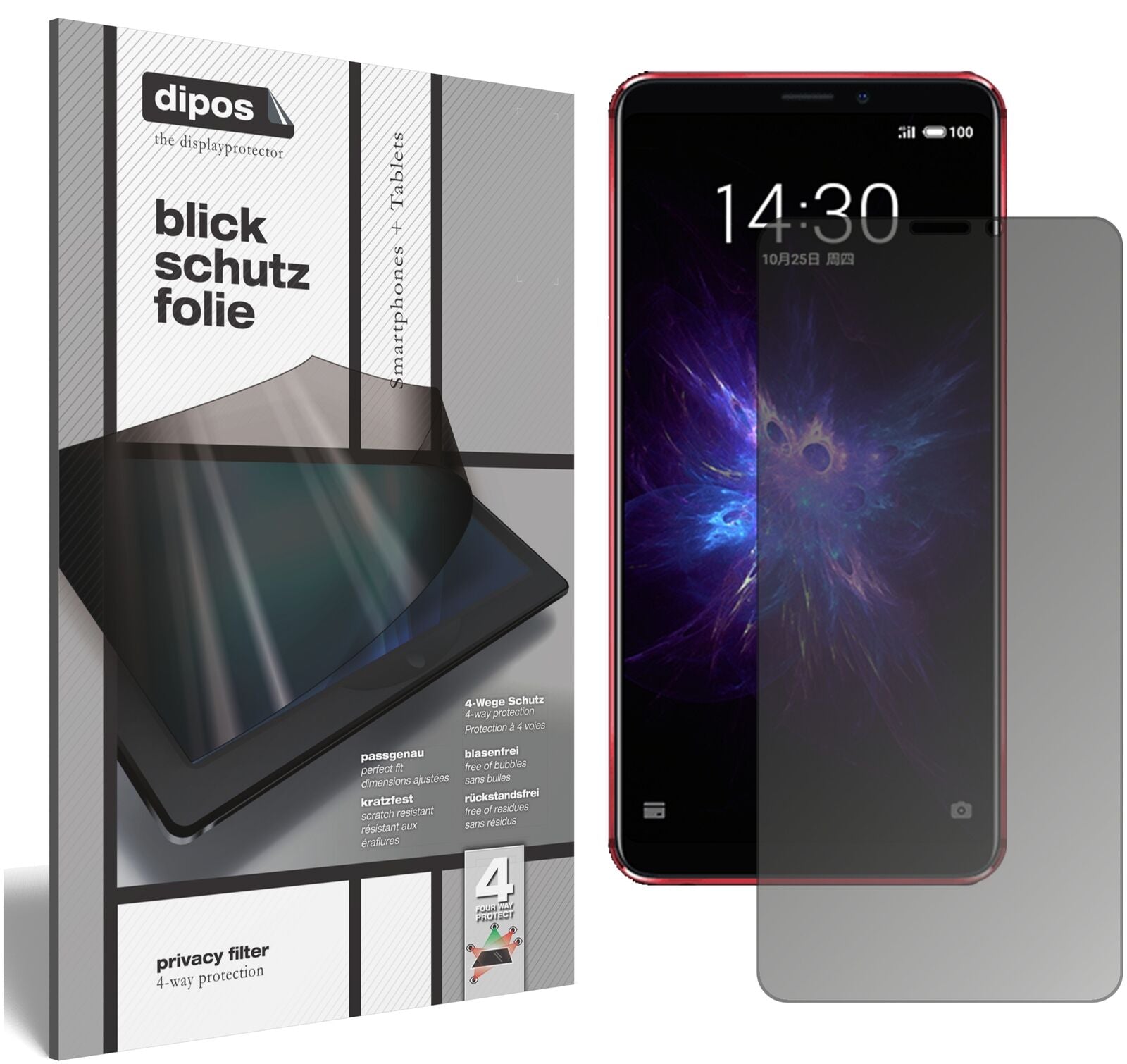 MeizuNote 8 mit aufgebrachtem dipos Displayschutz, der seitliche Einblicke blockiert