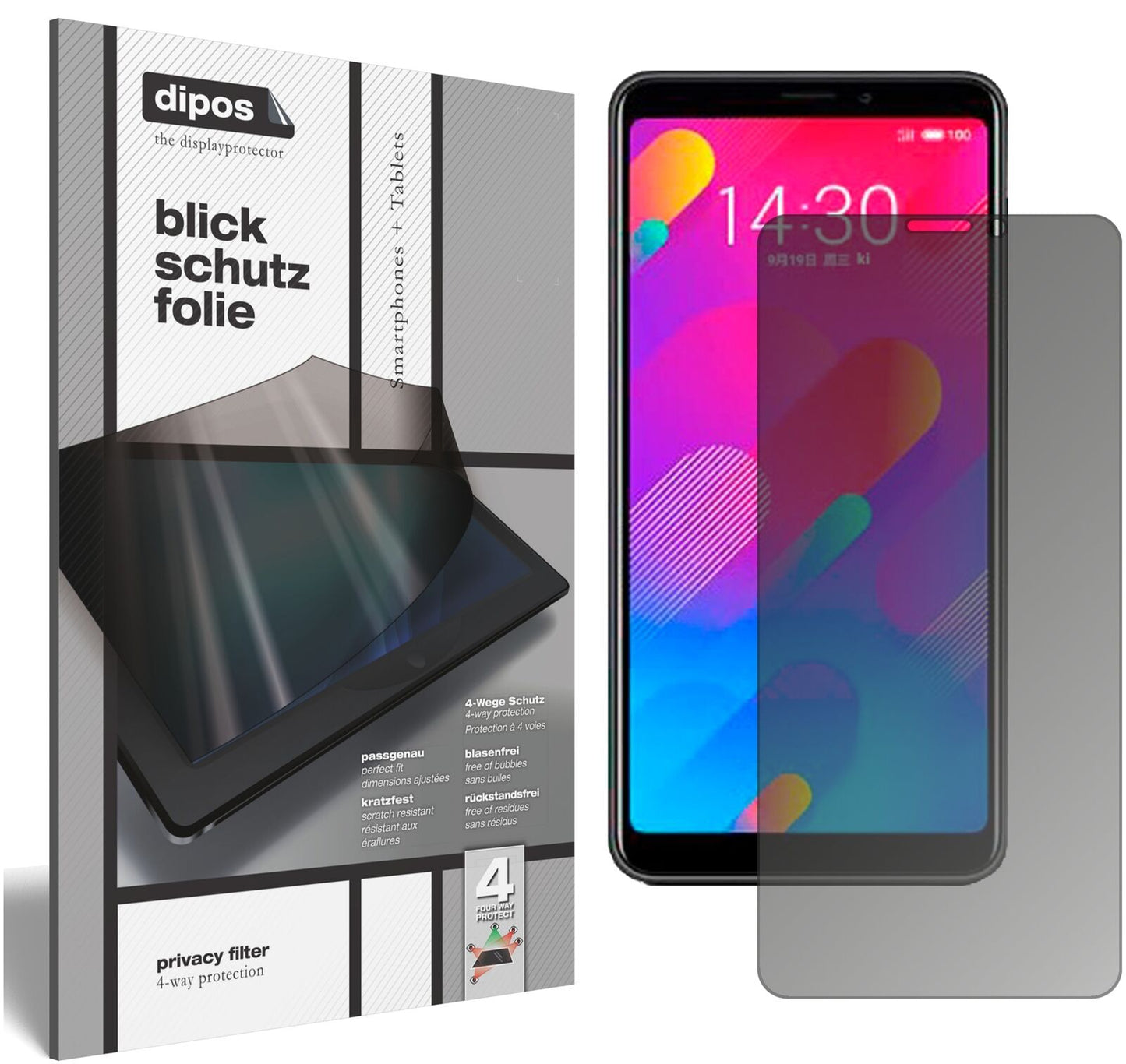 MeizuV8 pro mit aufgebrachtem dipos Displayschutz, der seitliche Einblicke blockiert