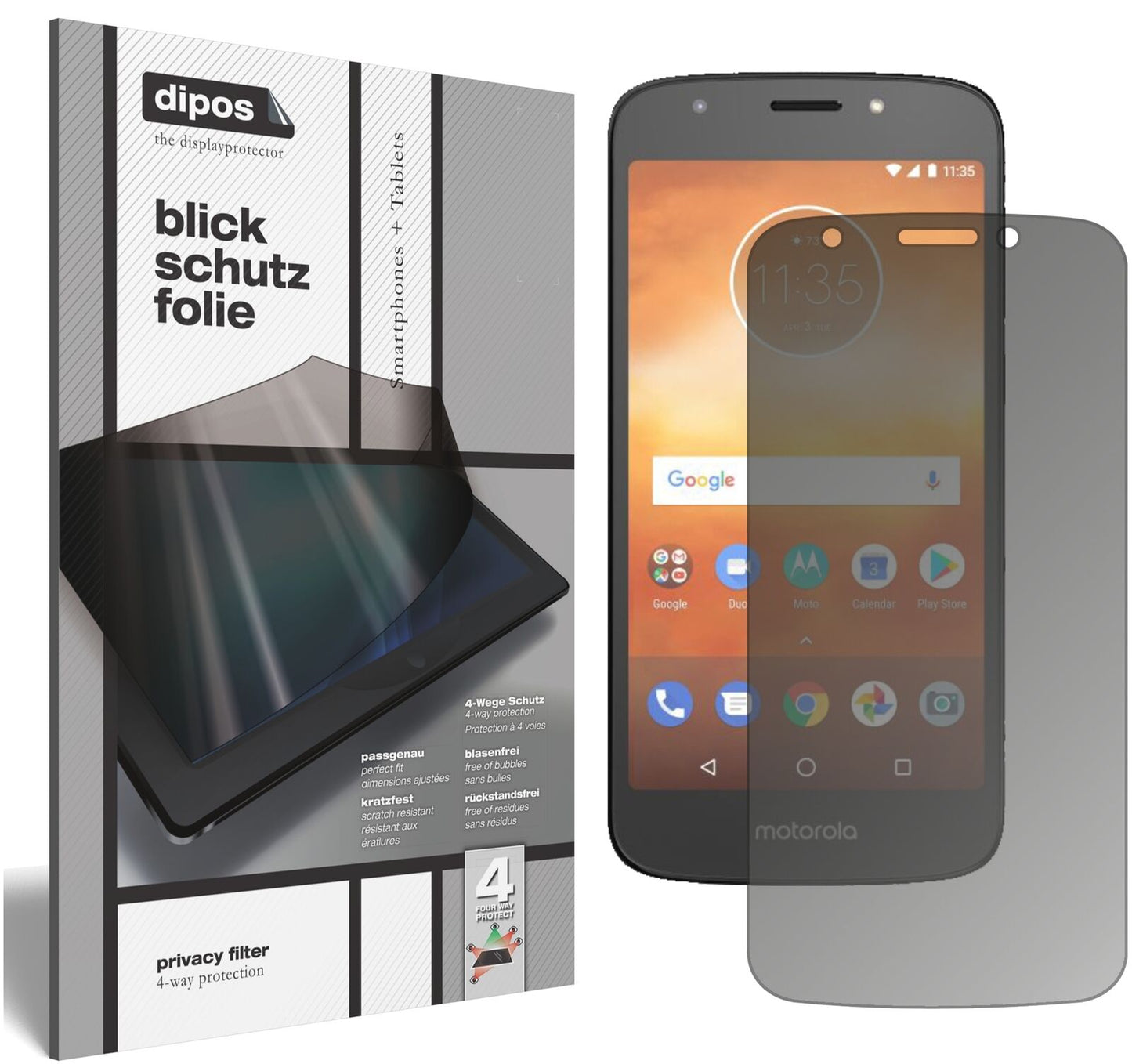 MotorolaMoto E5 Play Go mit aufgebrachtem dipos Displayschutz, der seitliche Einblicke blockiert