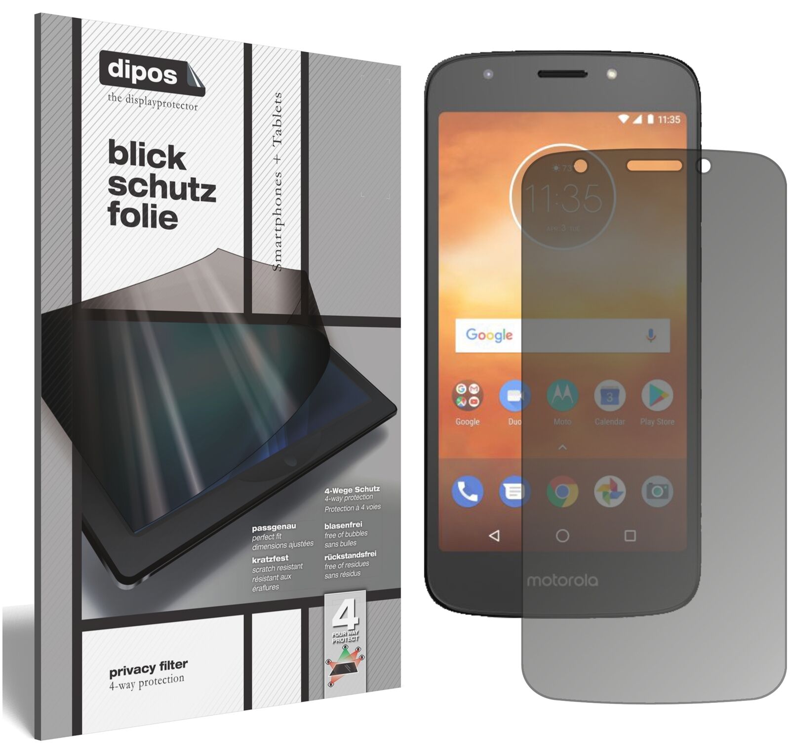 MotorolaMoto E5 Play Go mit aufgebrachtem dipos Displayschutz, der seitliche Einblicke blockiert