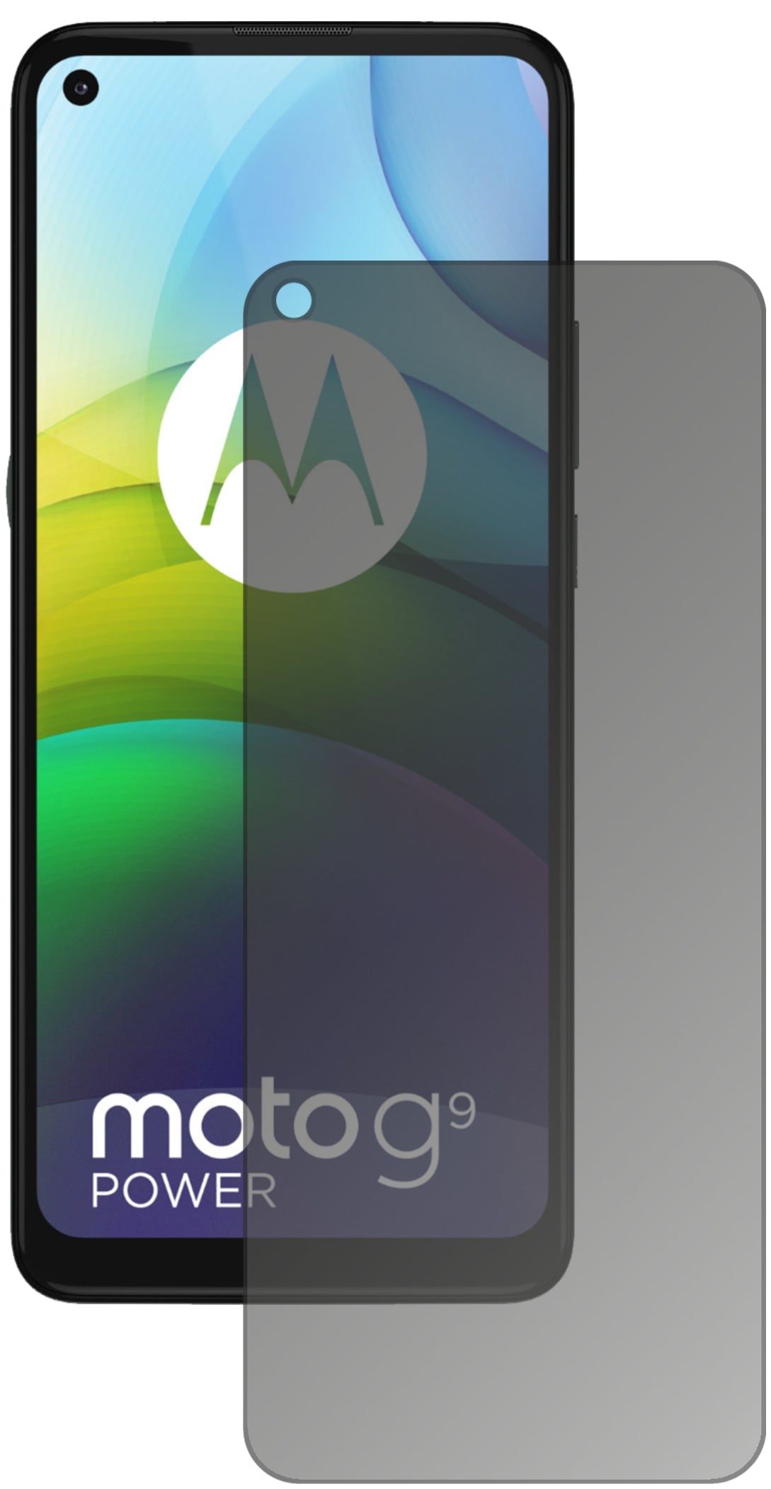 MotorolaMoto G9 Power mit aufgebrachtem dipos Displayschutz, der seitliche Einblicke blockiert