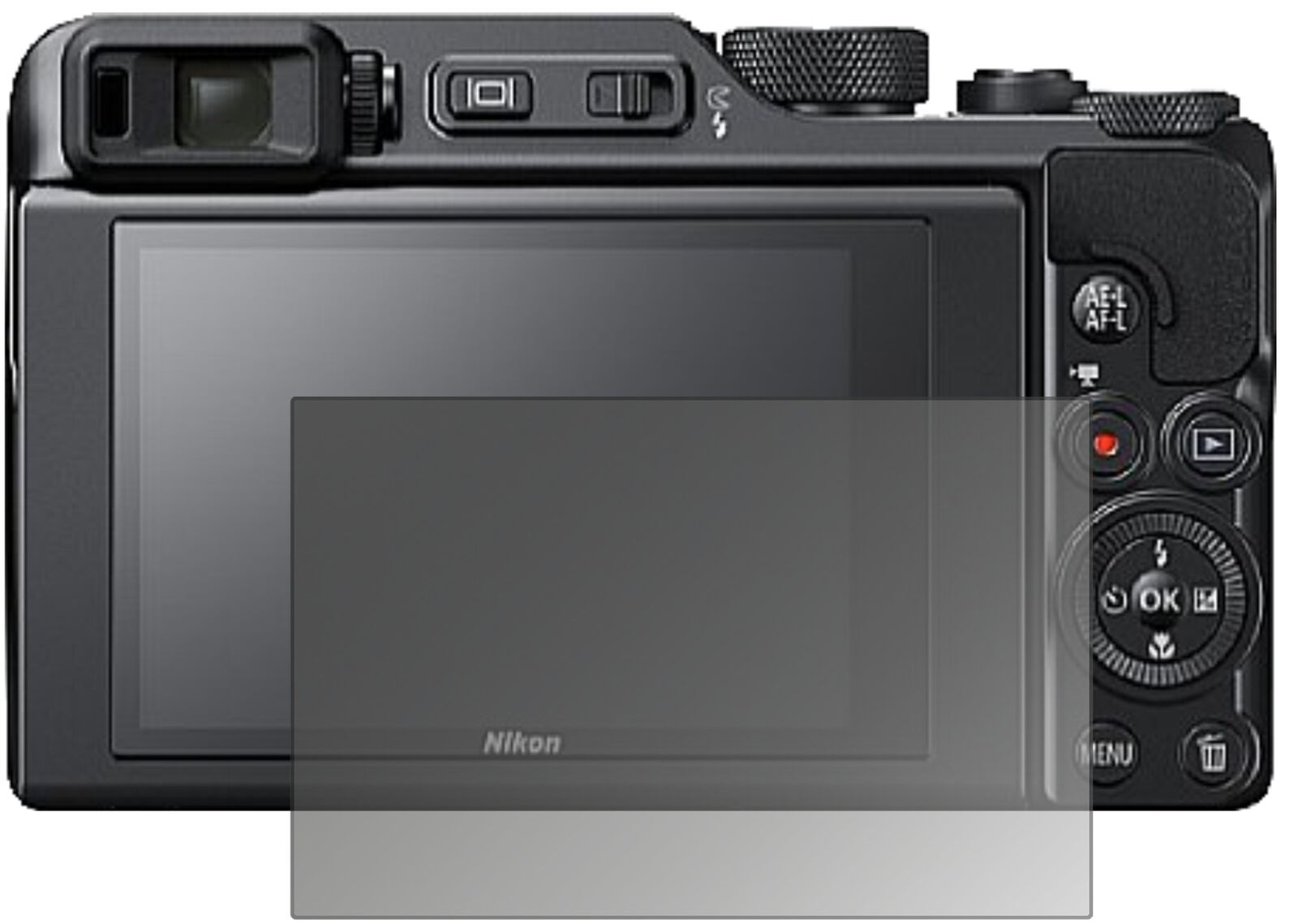NikonCoolpix A1000 mit aufgebrachtem dipos Displayschutz, der seitliche Einblicke blockiert