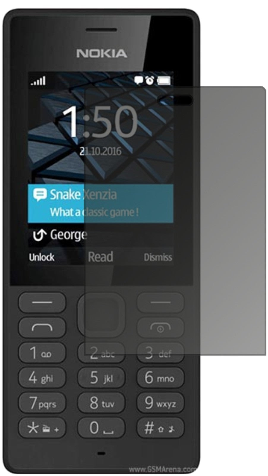 Nokia150 mit aufgebrachtem dipos Displayschutz, der seitliche Einblicke blockiert