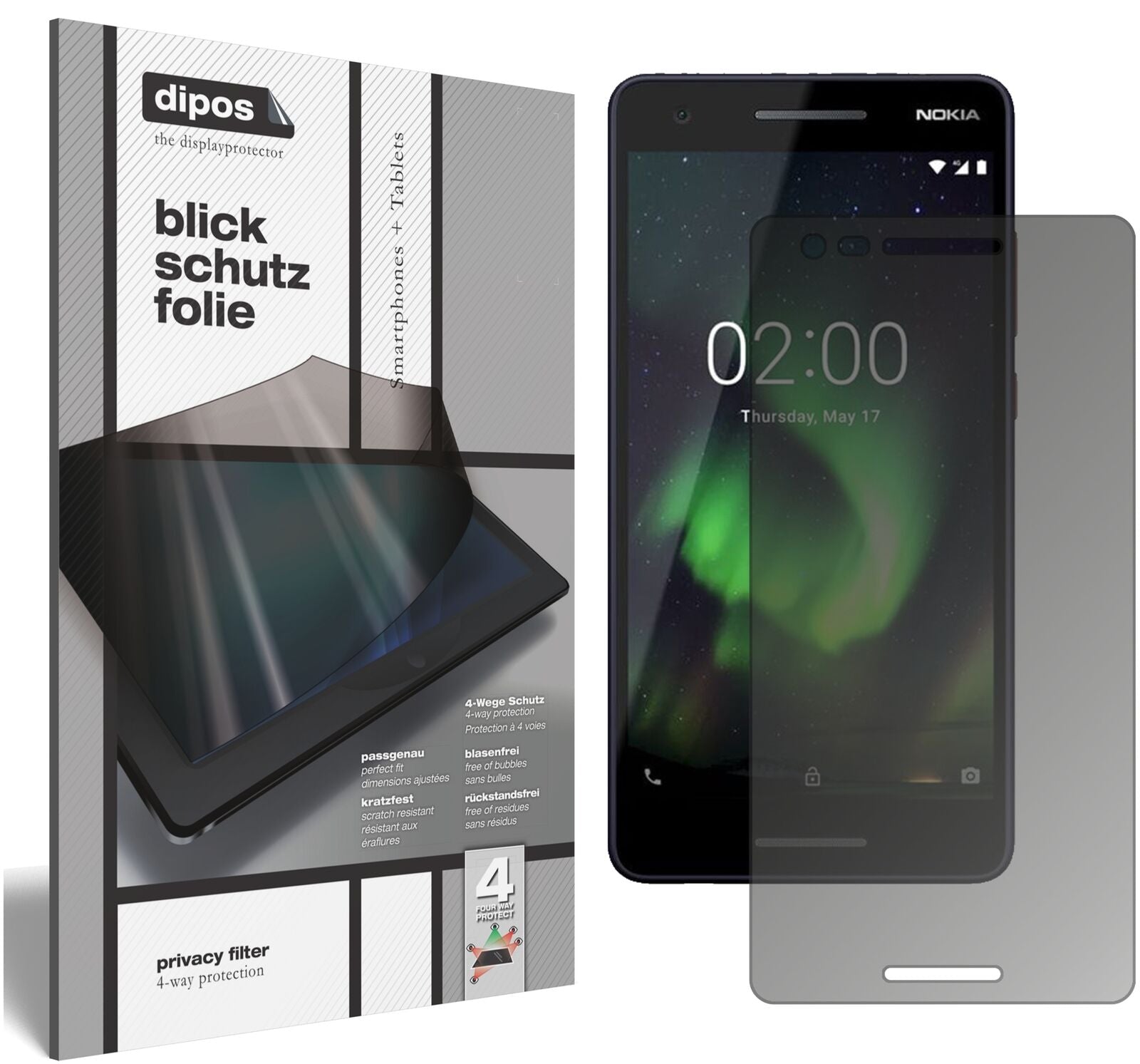 Nokia46024 mit aufgebrachtem dipos Displayschutz, der seitliche Einblicke blockiert