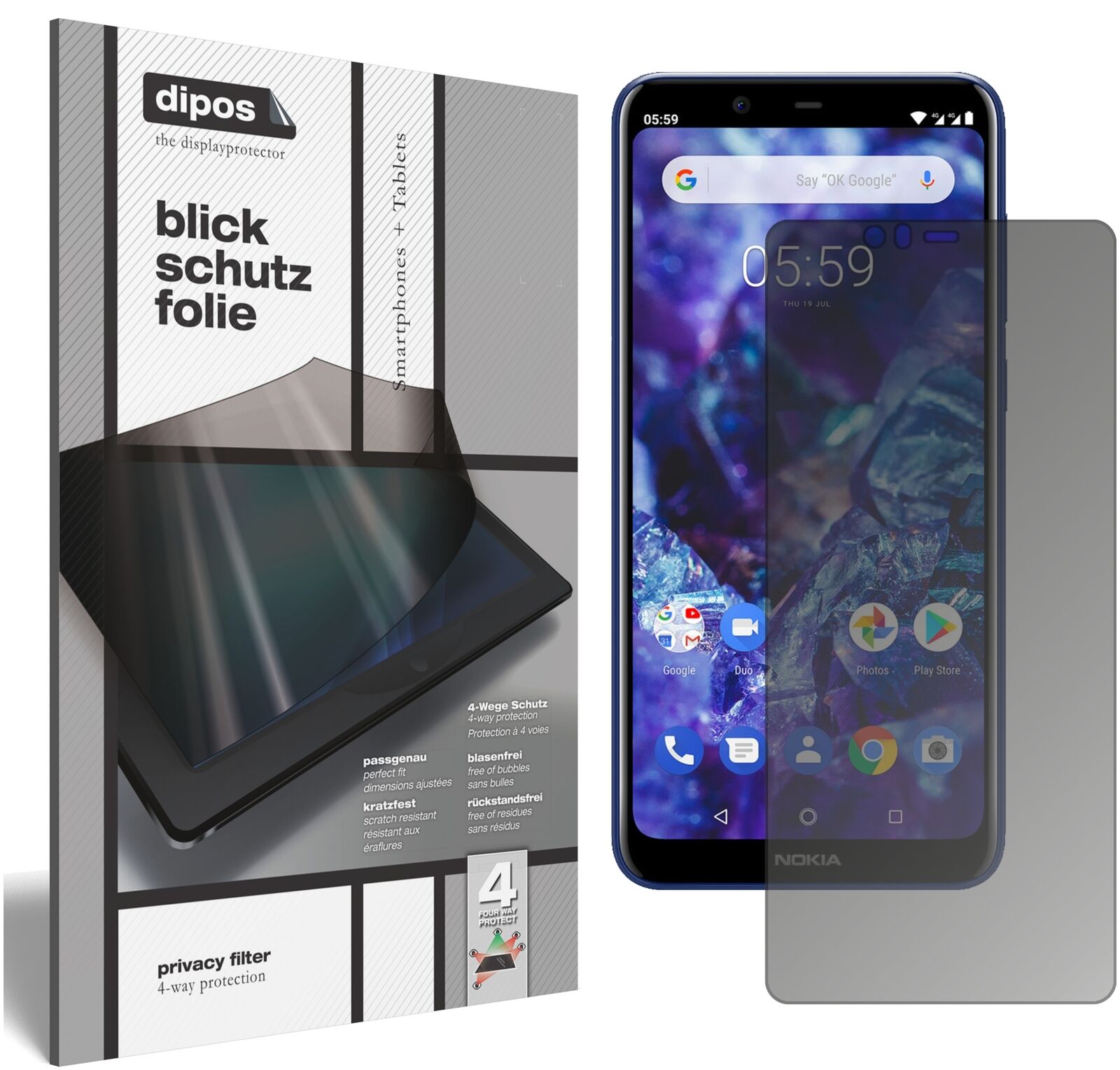 Nokia5.1 Plus mit aufgebrachtem dipos Displayschutz, der seitliche Einblicke blockiert