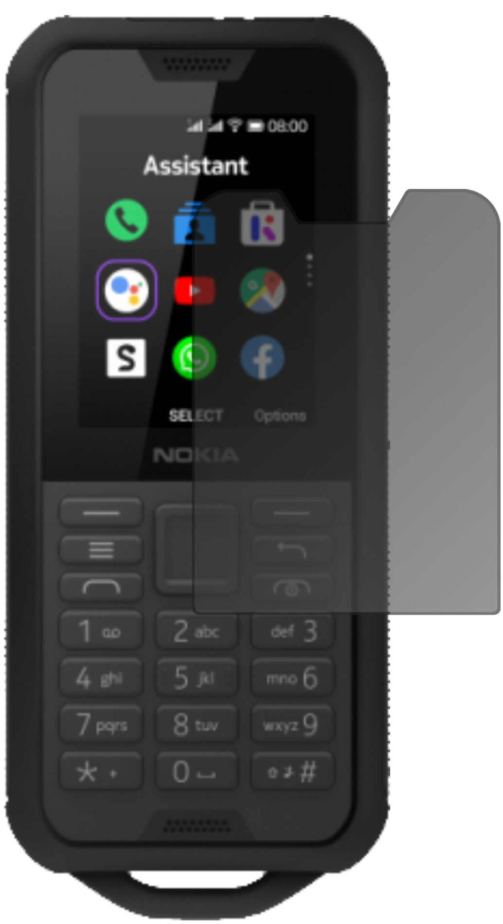 Nokia800 Tough mit aufgebrachtem dipos Displayschutz, der seitliche Einblicke blockiert