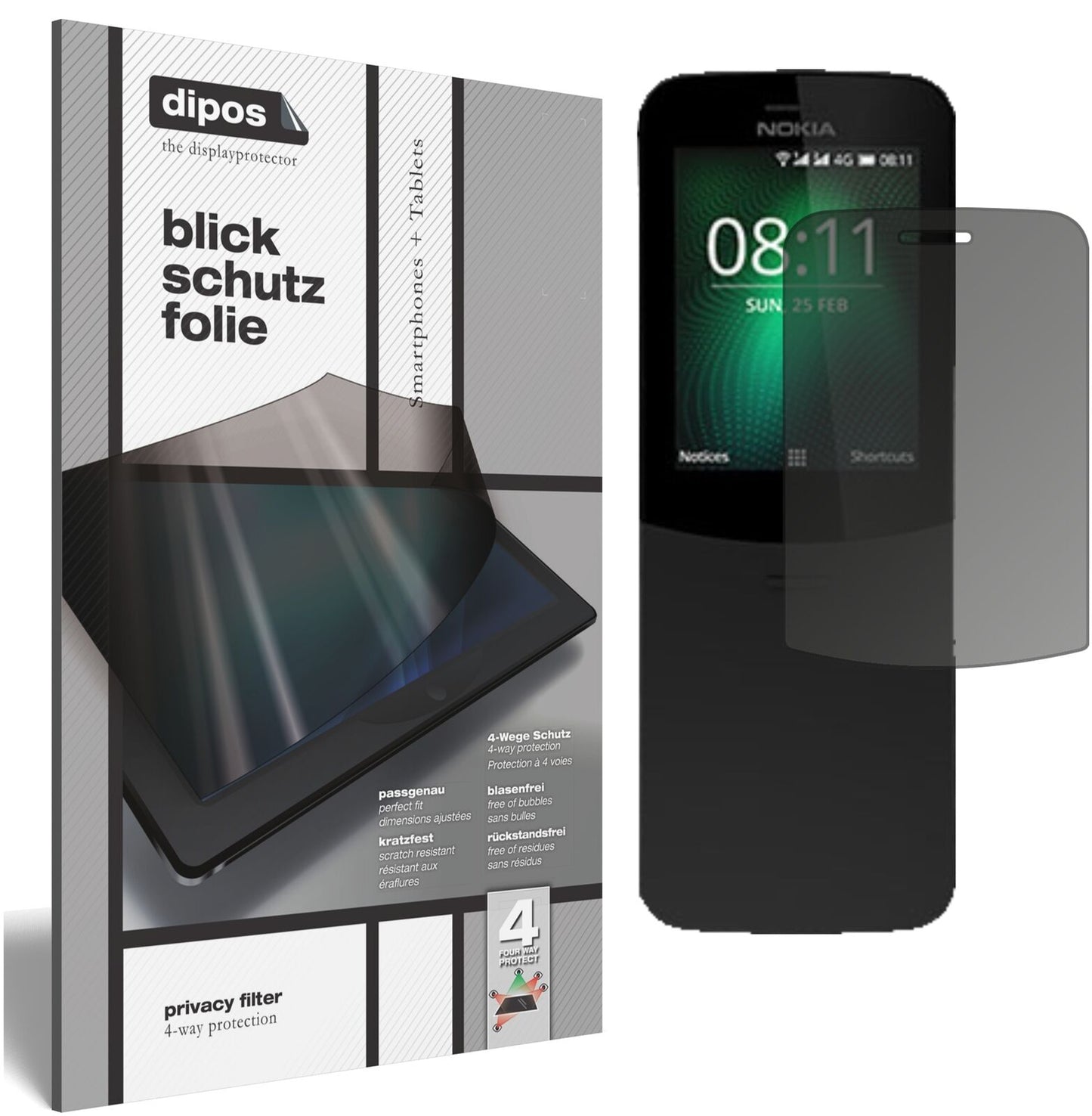 Nokia8110 4G mit aufgebrachtem dipos Displayschutz, der seitliche Einblicke blockiert