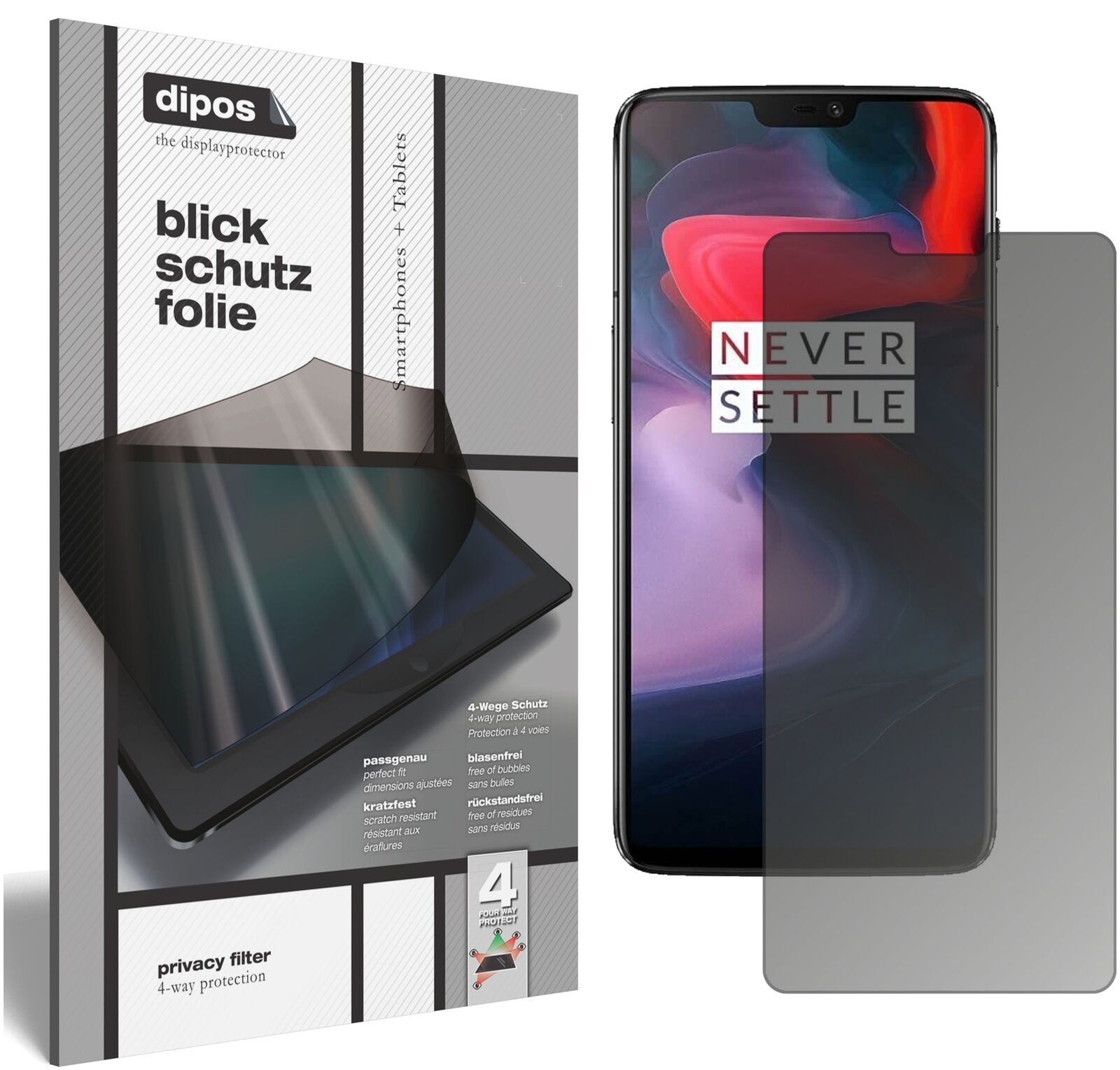 OnePlus6 mit aufgebrachtem dipos Displayschutz, der seitliche Einblicke blockiert