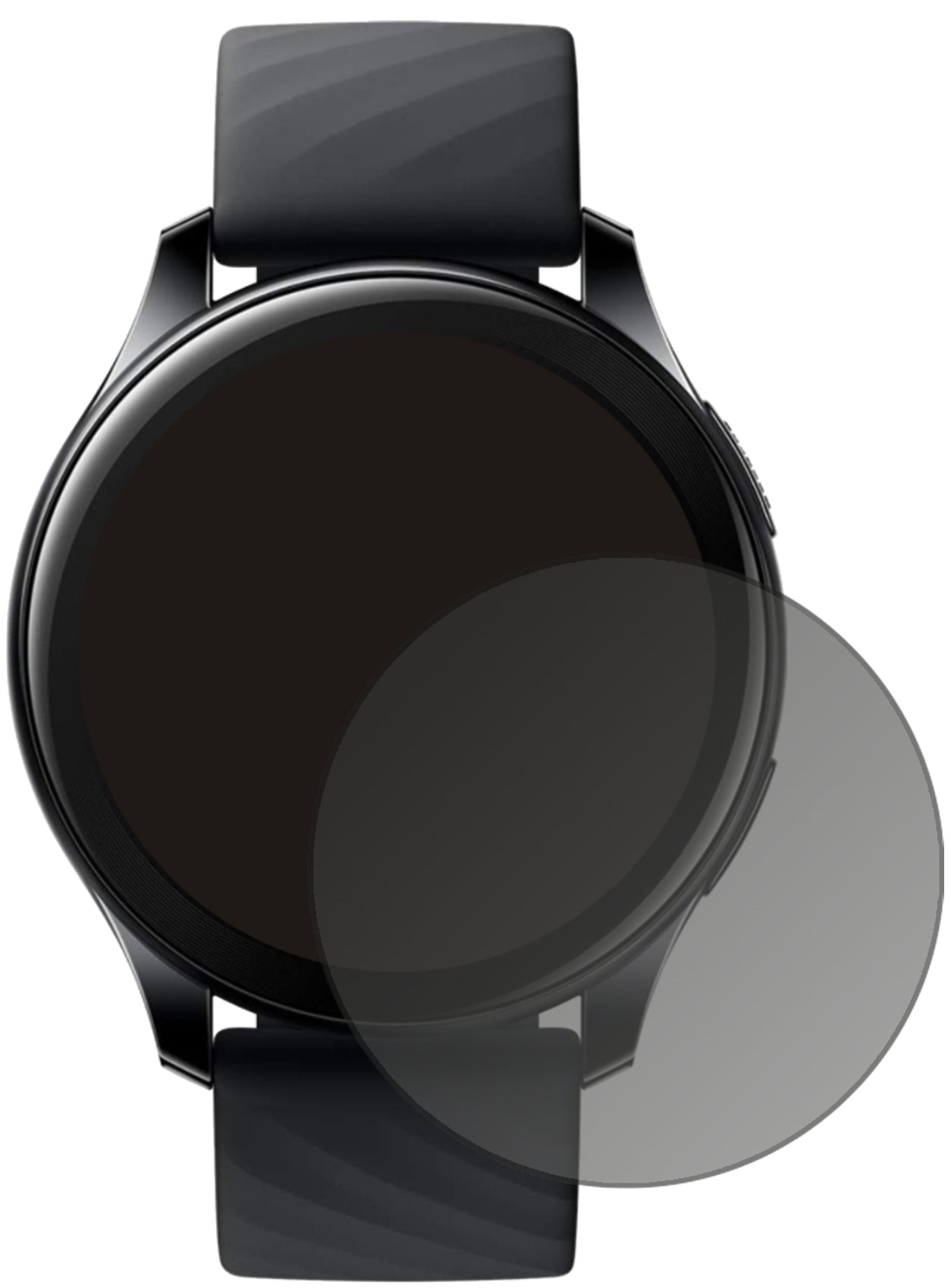 OnePlusWatch (46mm) mit aufgebrachtem dipos Displayschutz, der seitliche Einblicke blockiert