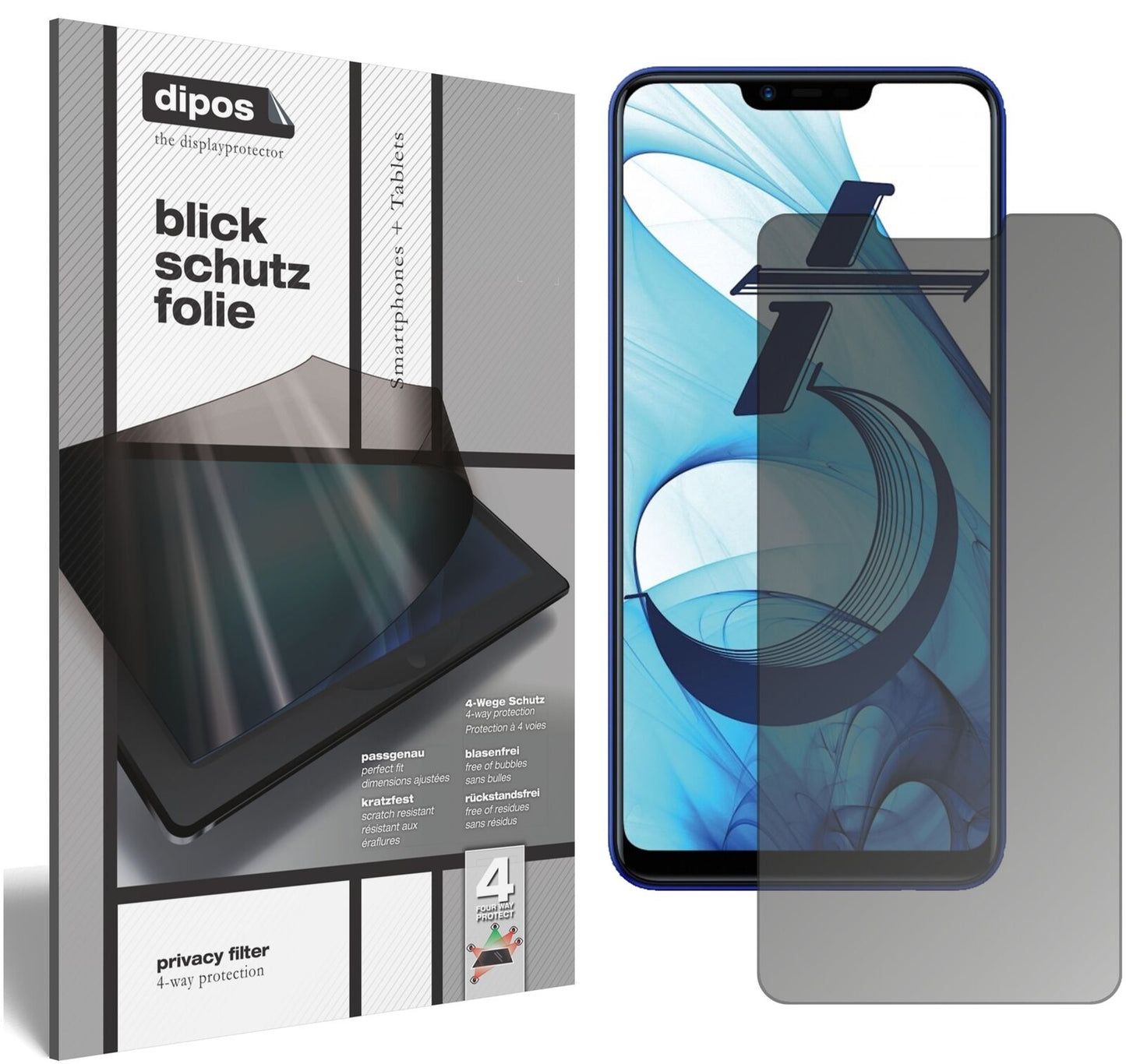 OppoAX5 mit aufgebrachtem dipos Displayschutz, der seitliche Einblicke blockiert