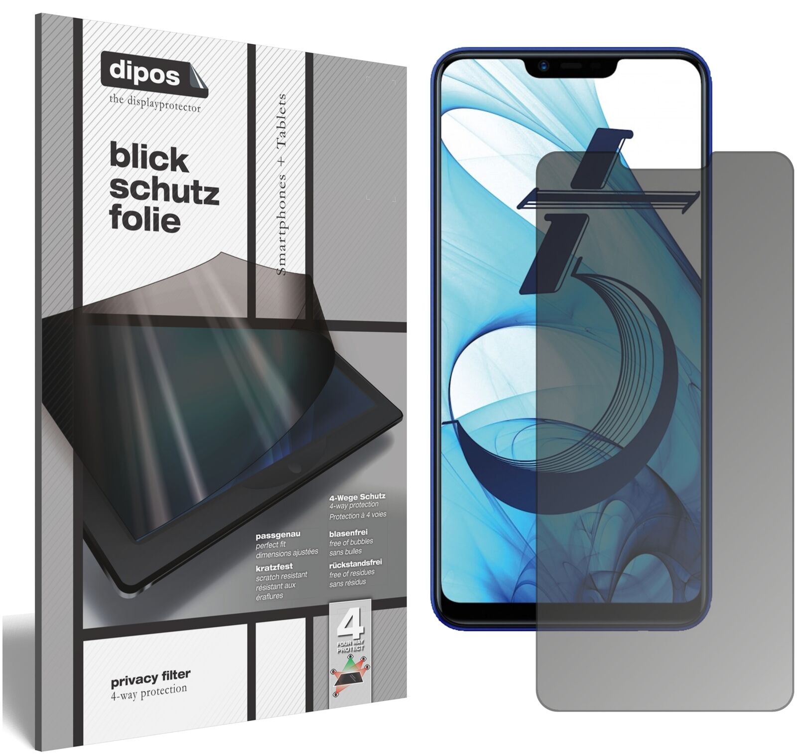 OppoAX5 mit aufgebrachtem dipos Displayschutz, der seitliche Einblicke blockiert