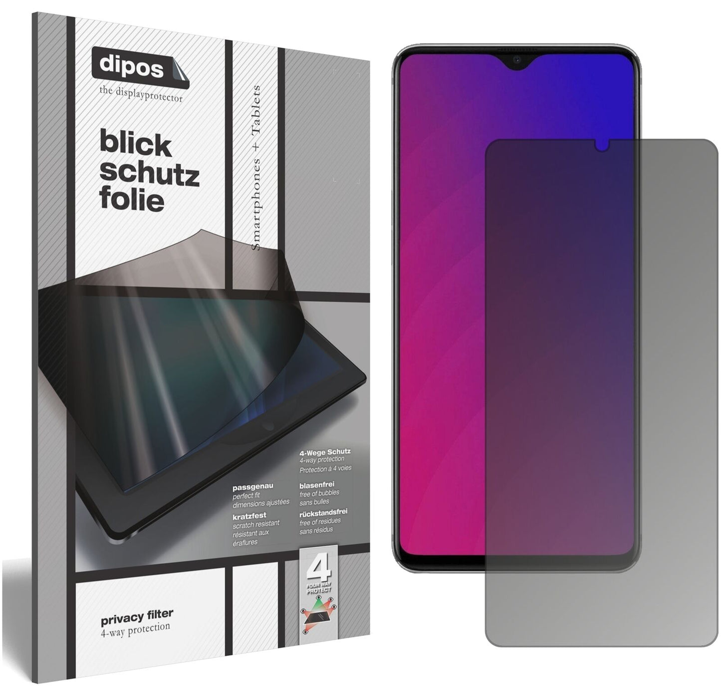 OppoF9 Pro mit aufgebrachtem dipos Displayschutz, der seitliche Einblicke blockiert