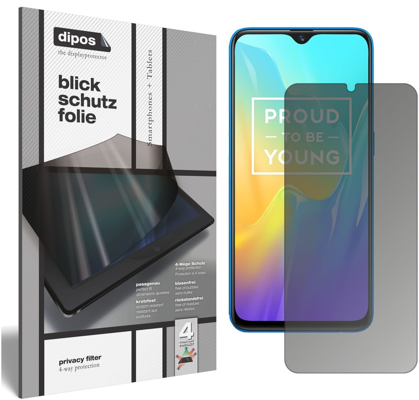 OppoRealme U1 mit aufgebrachtem dipos Displayschutz, der seitliche Einblicke blockiert