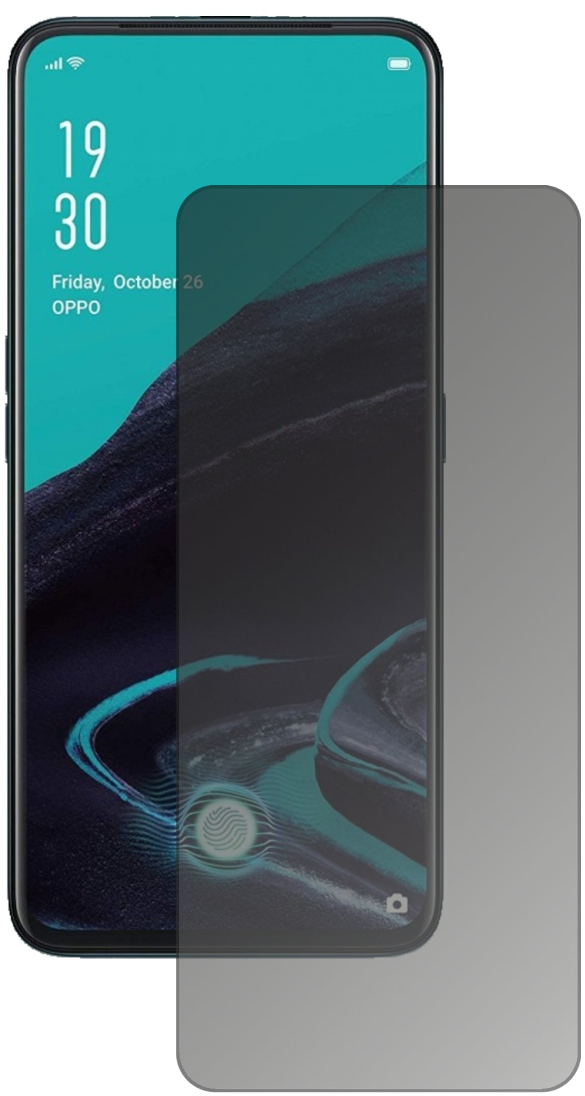 OppoReno2 Z mit aufgebrachtem dipos Displayschutz, der seitliche Einblicke blockiert