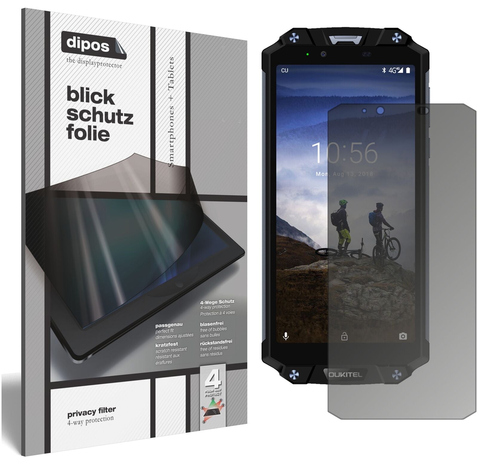 OukitelWP2 mit aufgebrachtem dipos Displayschutz, der seitliche Einblicke blockiert