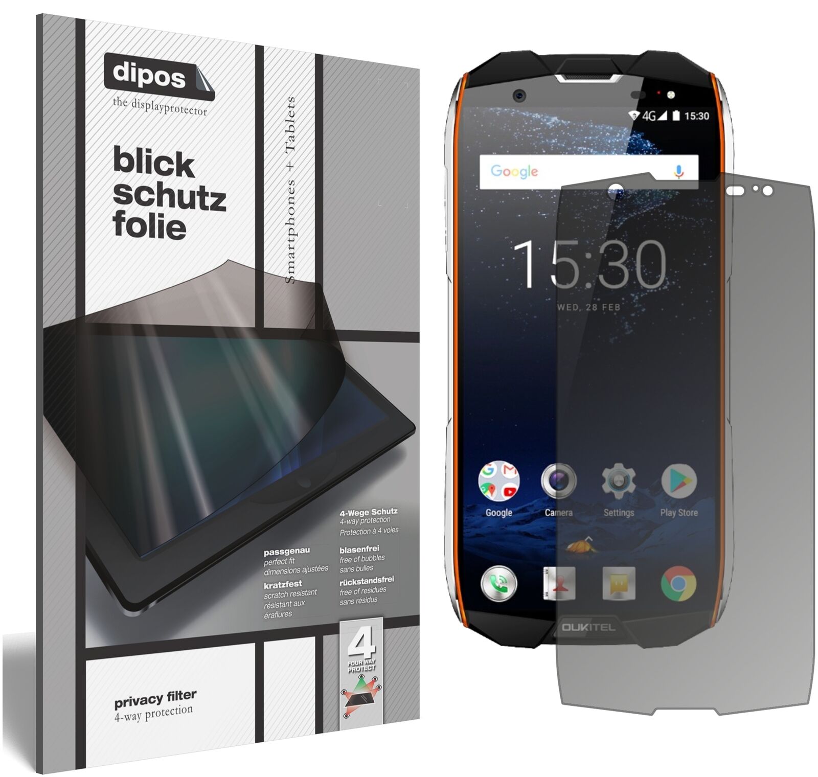 OukitelWP5000 mit aufgebrachtem dipos Displayschutz, der seitliche Einblicke blockiert