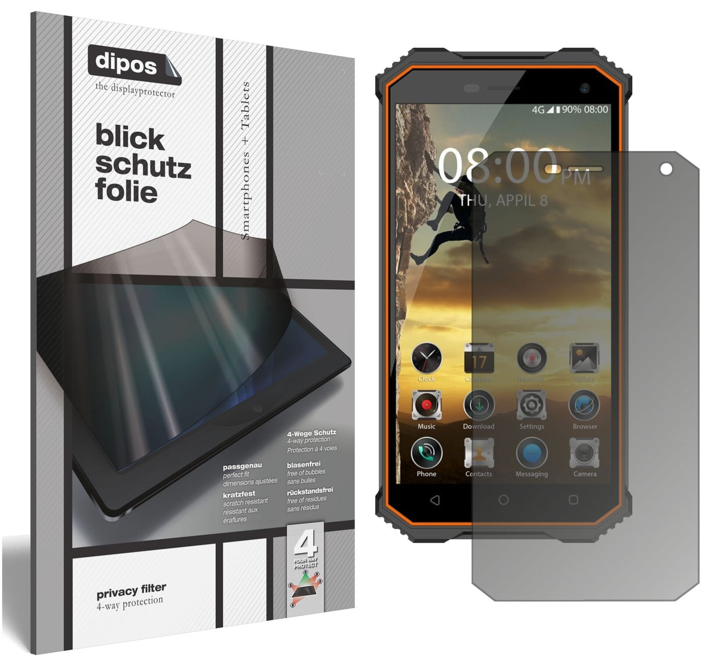 PhonemaxRockey 2 mit aufgebrachtem dipos Displayschutz, der seitliche Einblicke blockiert