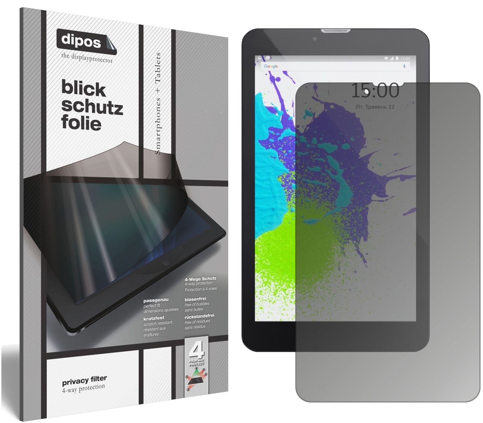 PixusTouch 7 3G mit aufgebrachtem dipos Displayschutz, der seitliche Einblicke blockiert