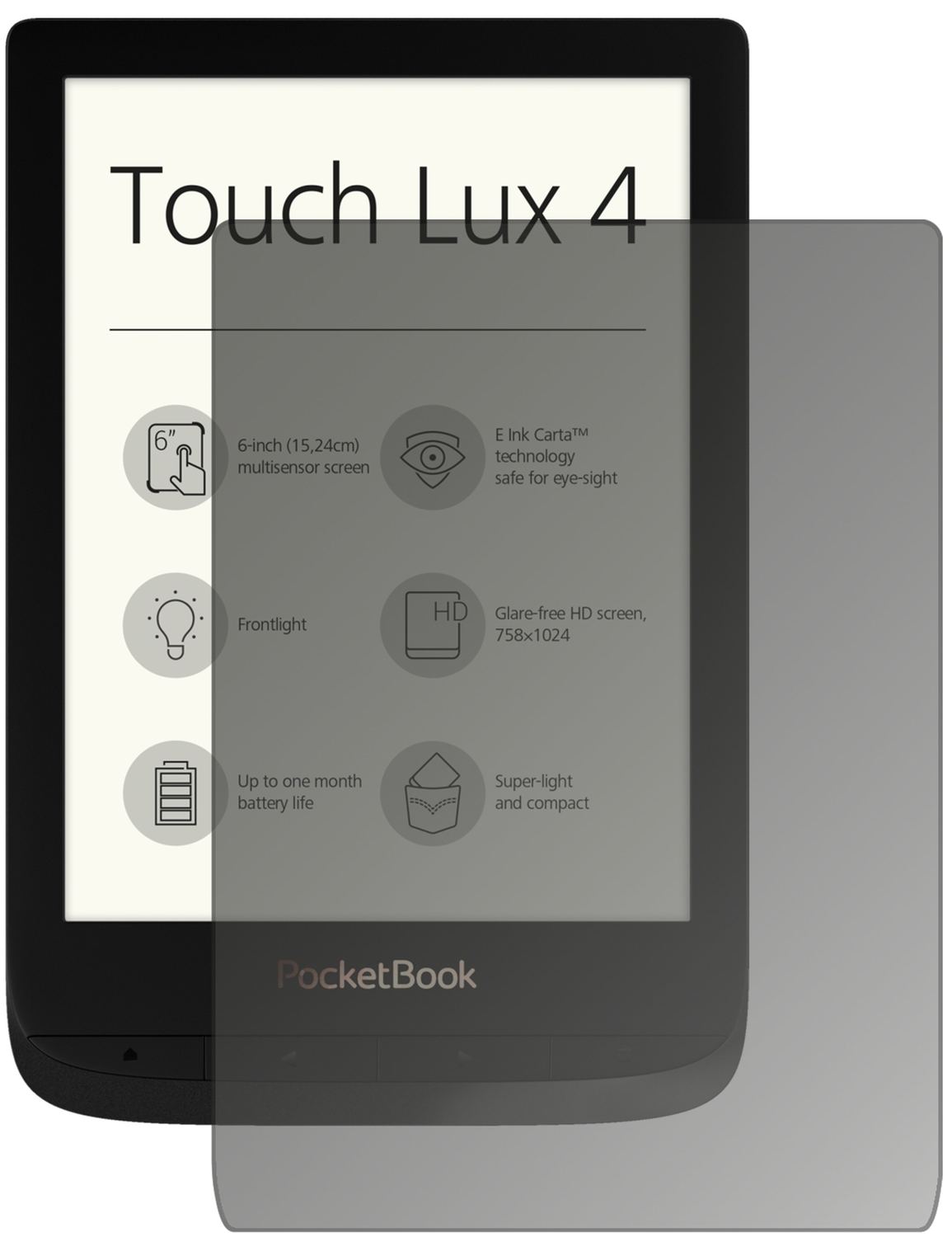 PocketBookTouch Lux 4 mit aufgebrachtem dipos Displayschutz, der seitliche Einblicke blockiert