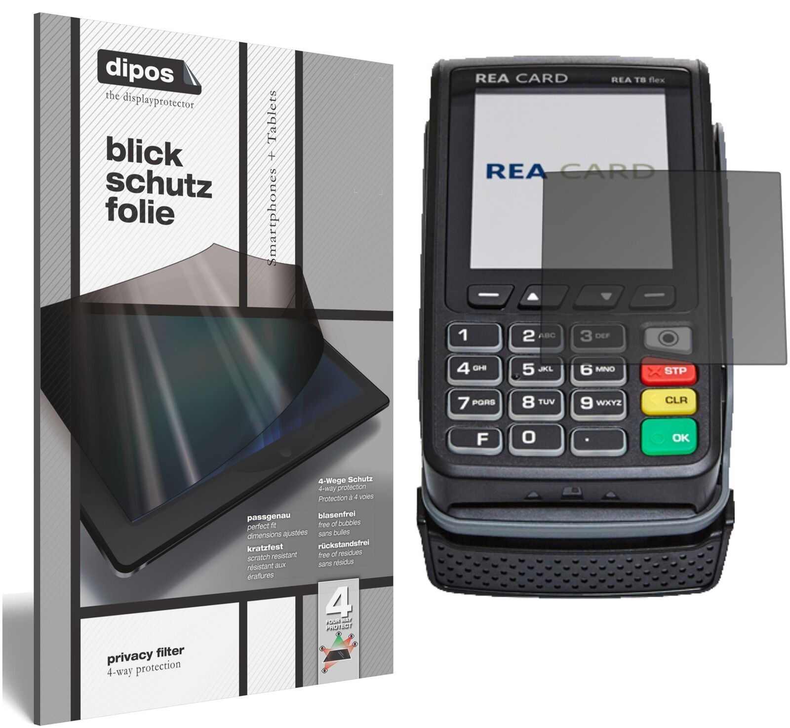 REA CARDT8 flex Terminal mit aufgebrachtem dipos Displayschutz, der seitliche Einblicke blockiert