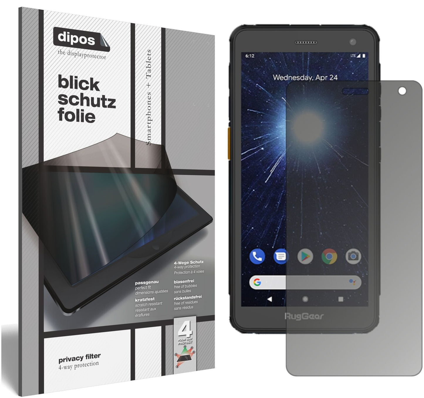 RugGearRG655 mit aufgebrachtem dipos Displayschutz, der seitliche Einblicke blockiert