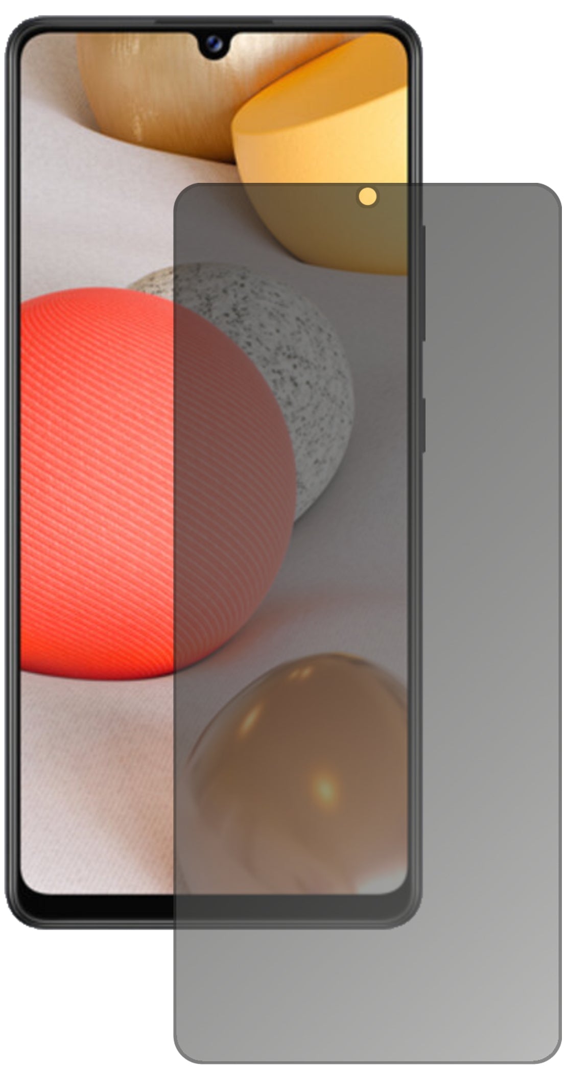 SamsungGalaxy A42 mit aufgebrachtem dipos Displayschutz, der seitliche Einblicke blockiert