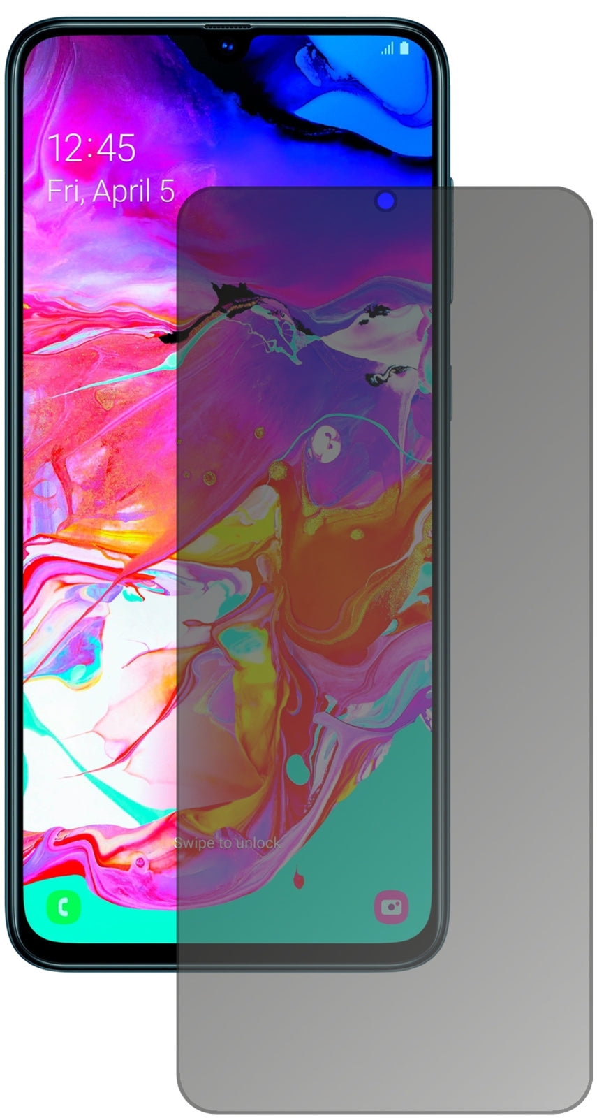 SamsungGalaxy A70 mit aufgebrachtem dipos Displayschutz, der seitliche Einblicke blockiert