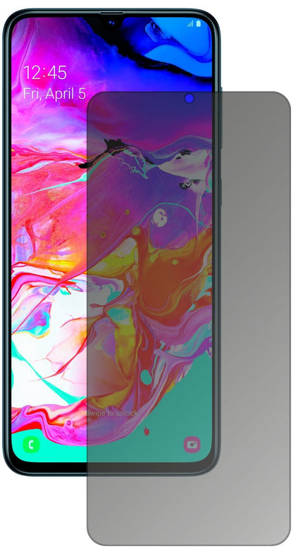 SamsungGalaxy A70s mit aufgebrachtem dipos Displayschutz, der seitliche Einblicke blockiert