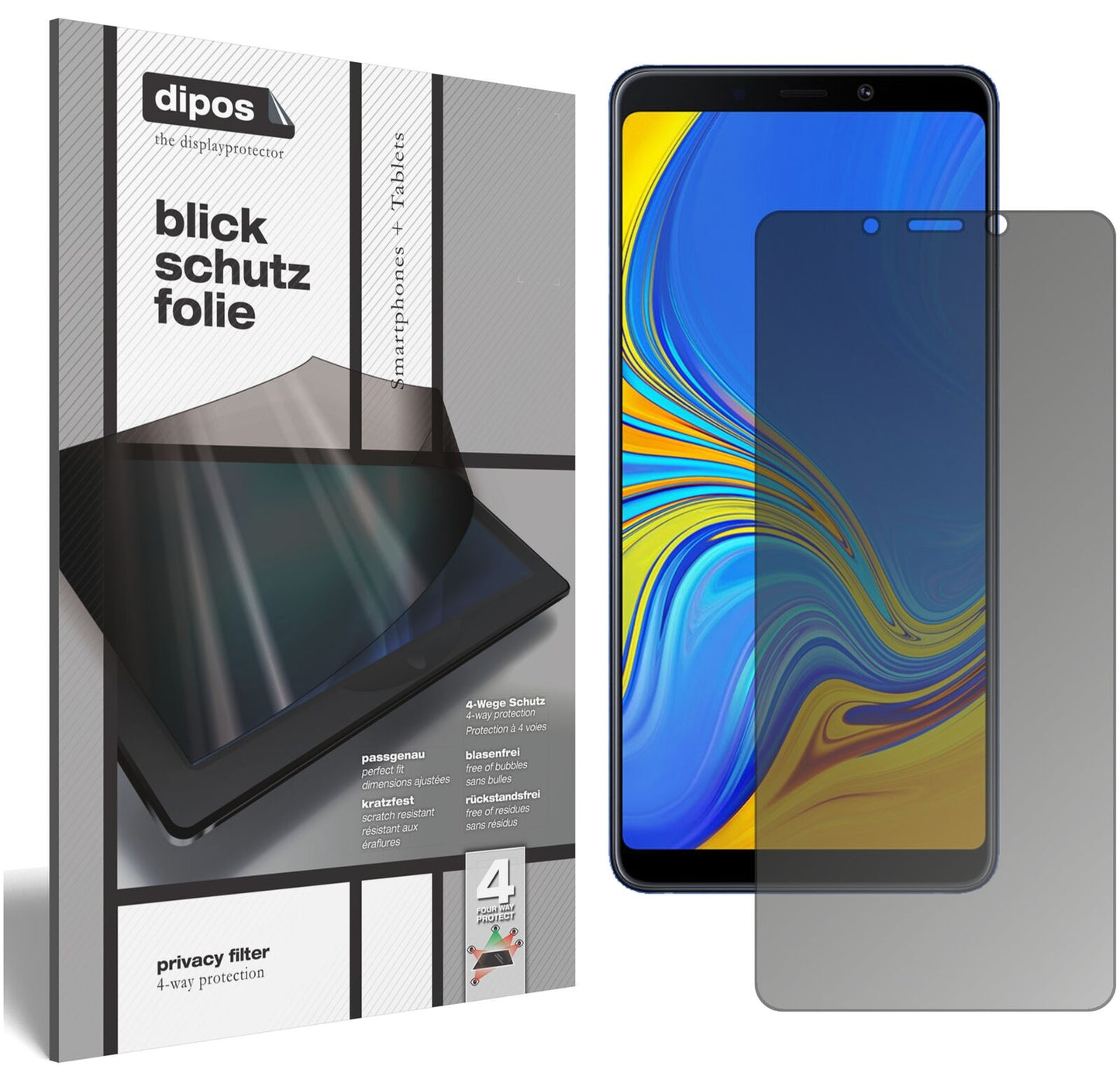 SamsungGalaxy A9 (2018) mit aufgebrachtem dipos Displayschutz, der seitliche Einblicke blockiert