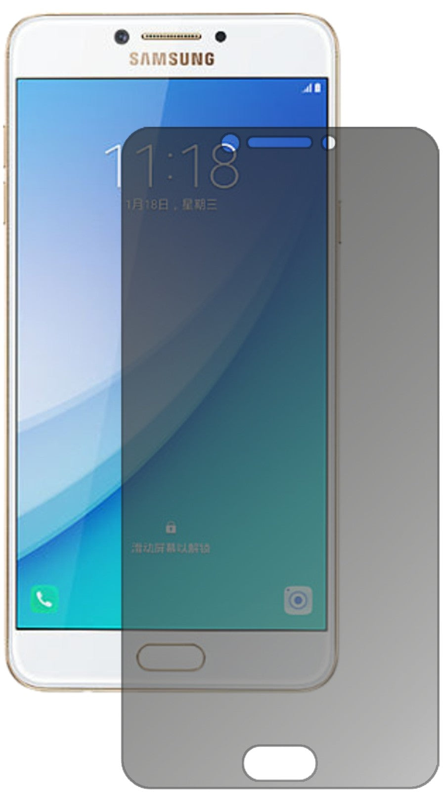 SamsungGalaxy C7 Pro mit aufgebrachtem dipos Displayschutz, der seitliche Einblicke blockiert